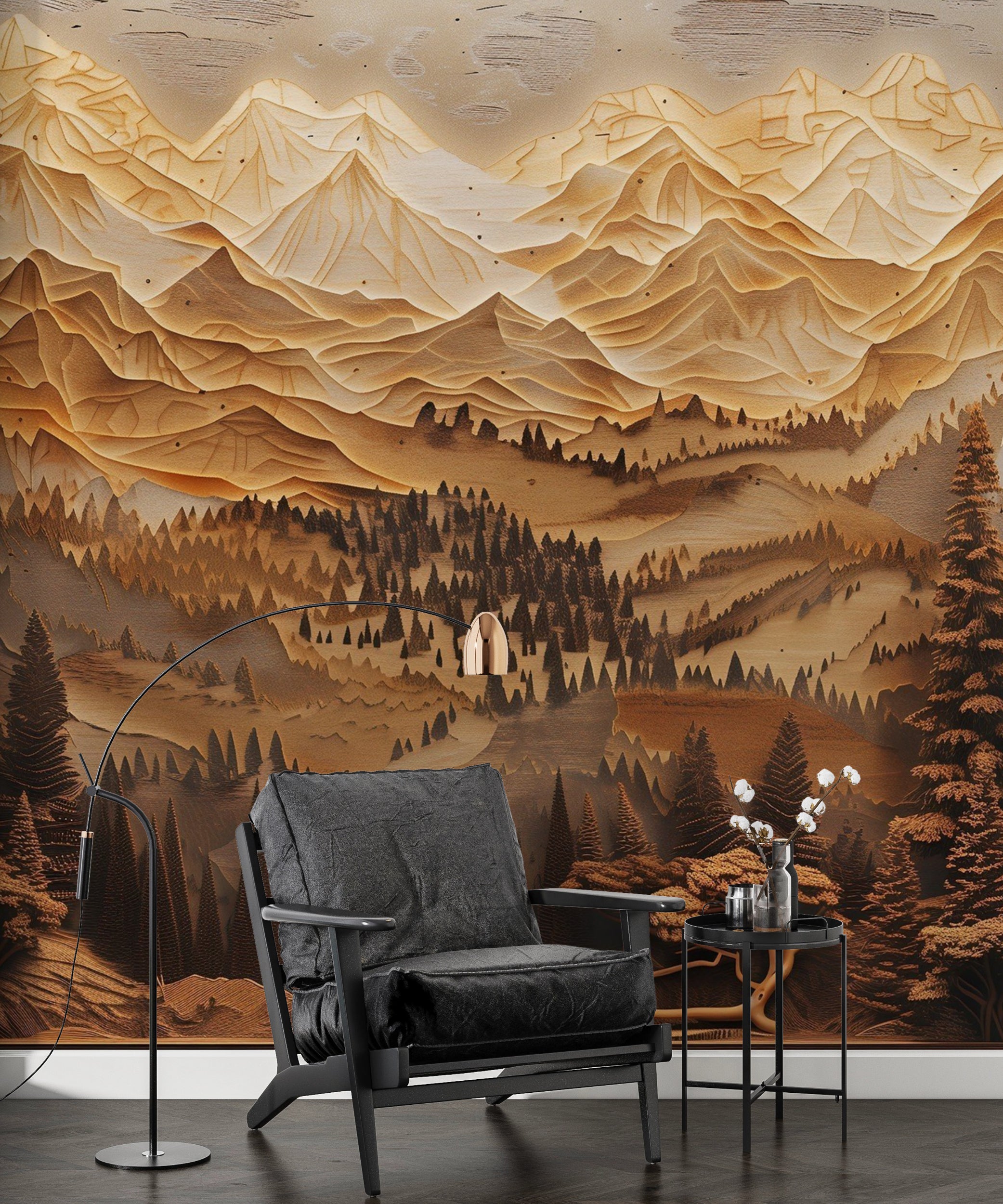 Mountains and Pine Trees in Wood Carving Style Mural, Peel and Stick Wooden Look Landscape Art, Beige and Brown Nature Wallpaper