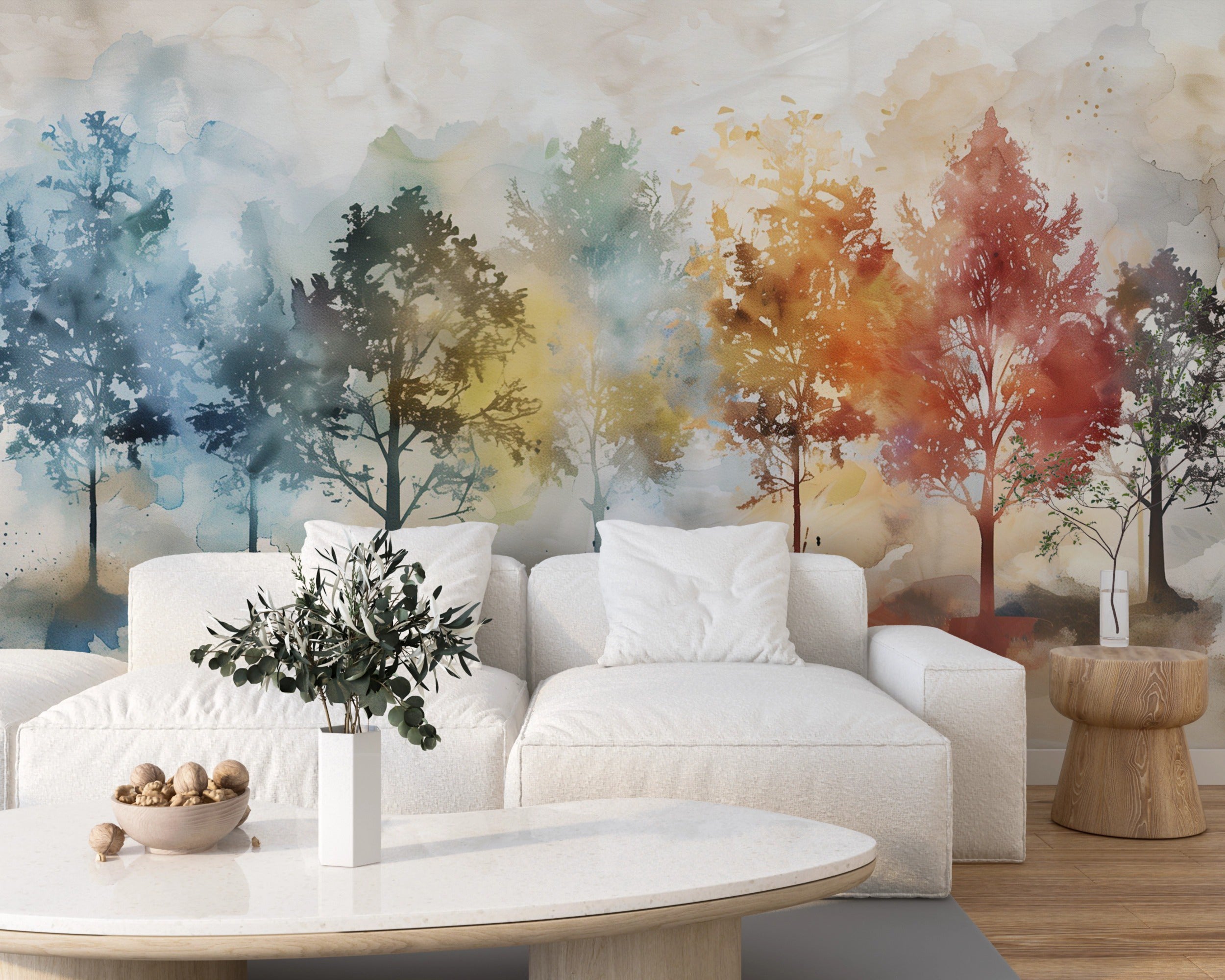 Colorful Trees Mural, Peel and Stick Autumn Forests Wallpaper, Watercolor Nursery Tree Removable Wall Decor