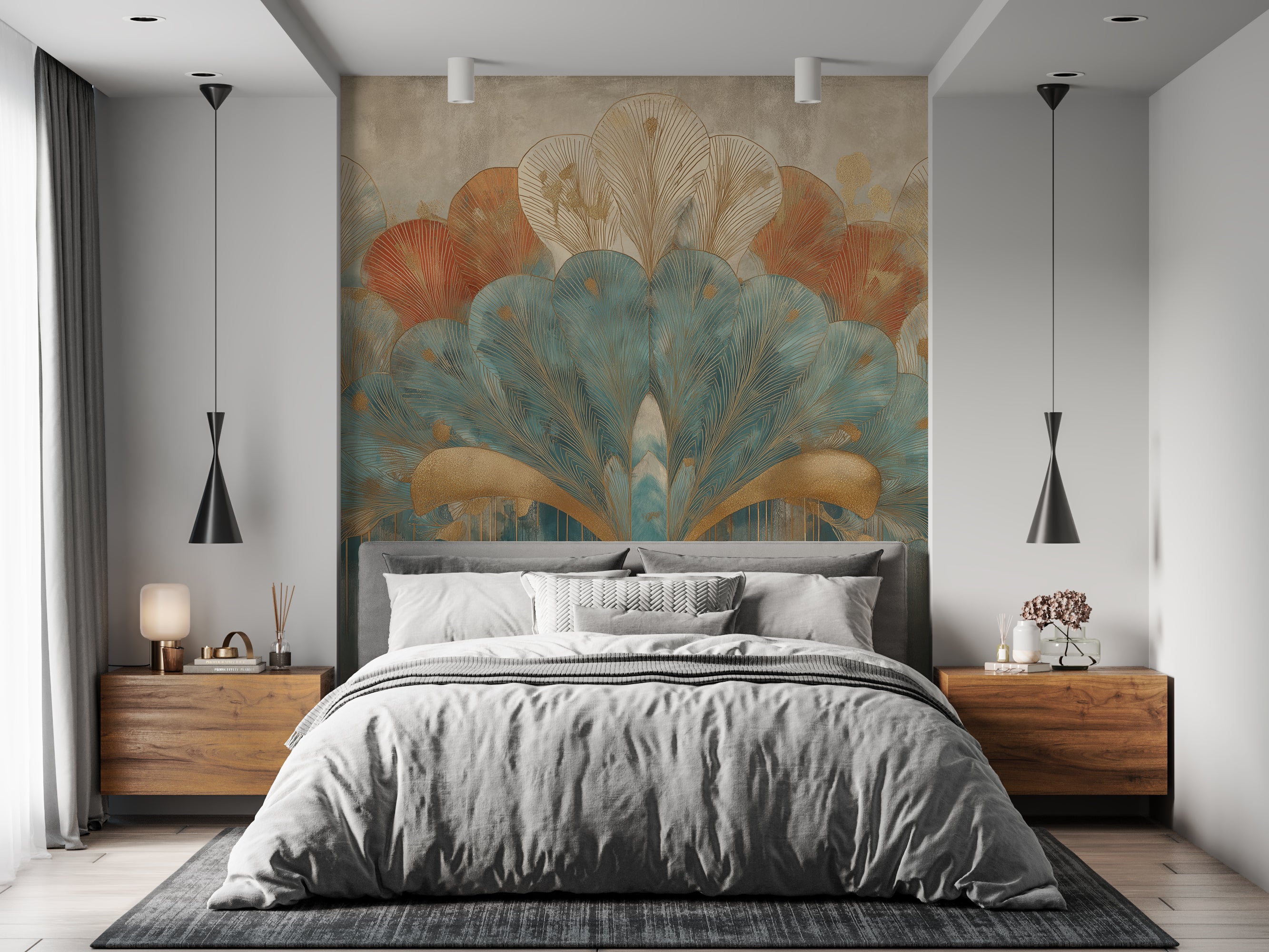Eco-friendly peel and stick Art Deco peacock wall mural