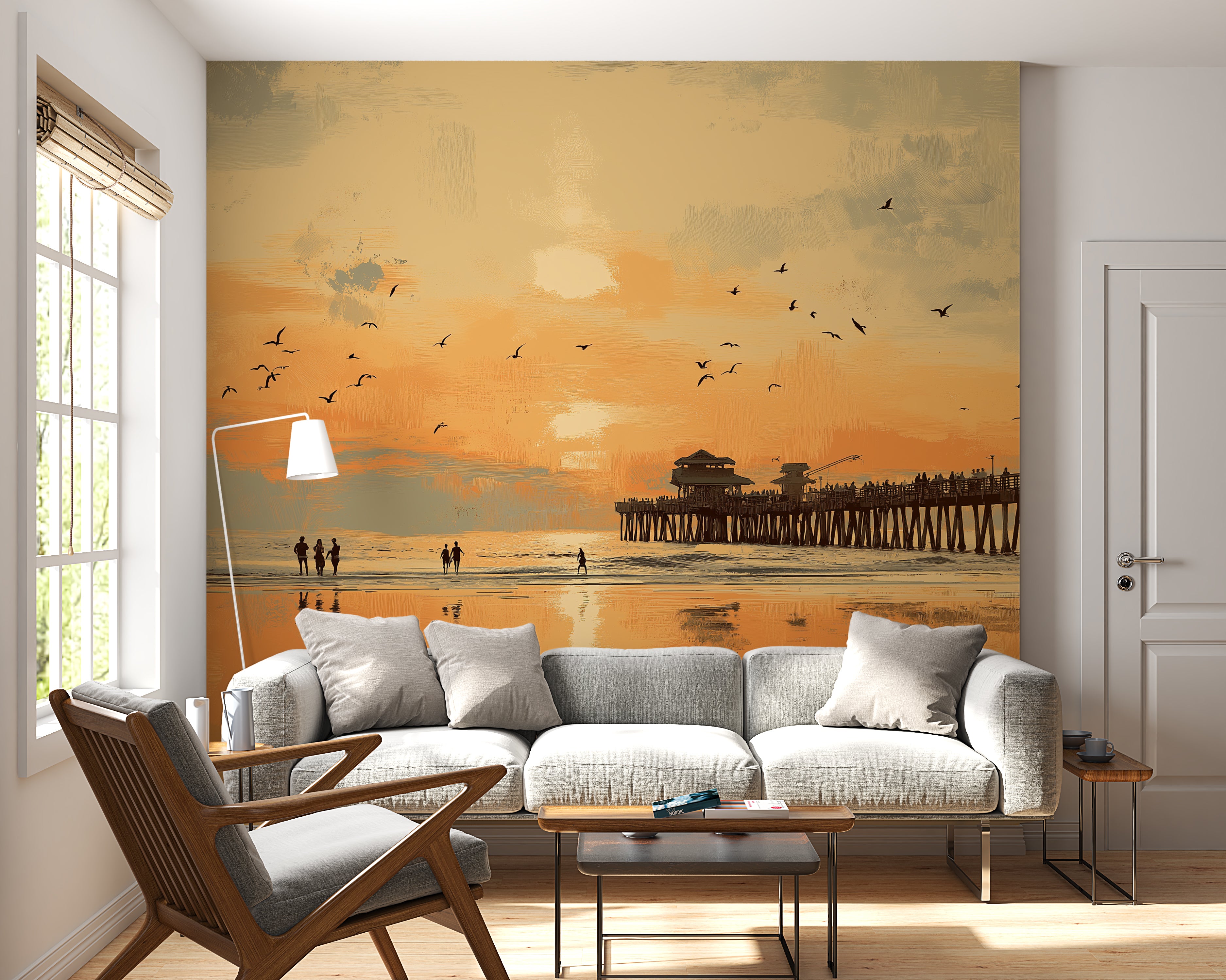 Warm-toned pier wallpaper for beach house interior