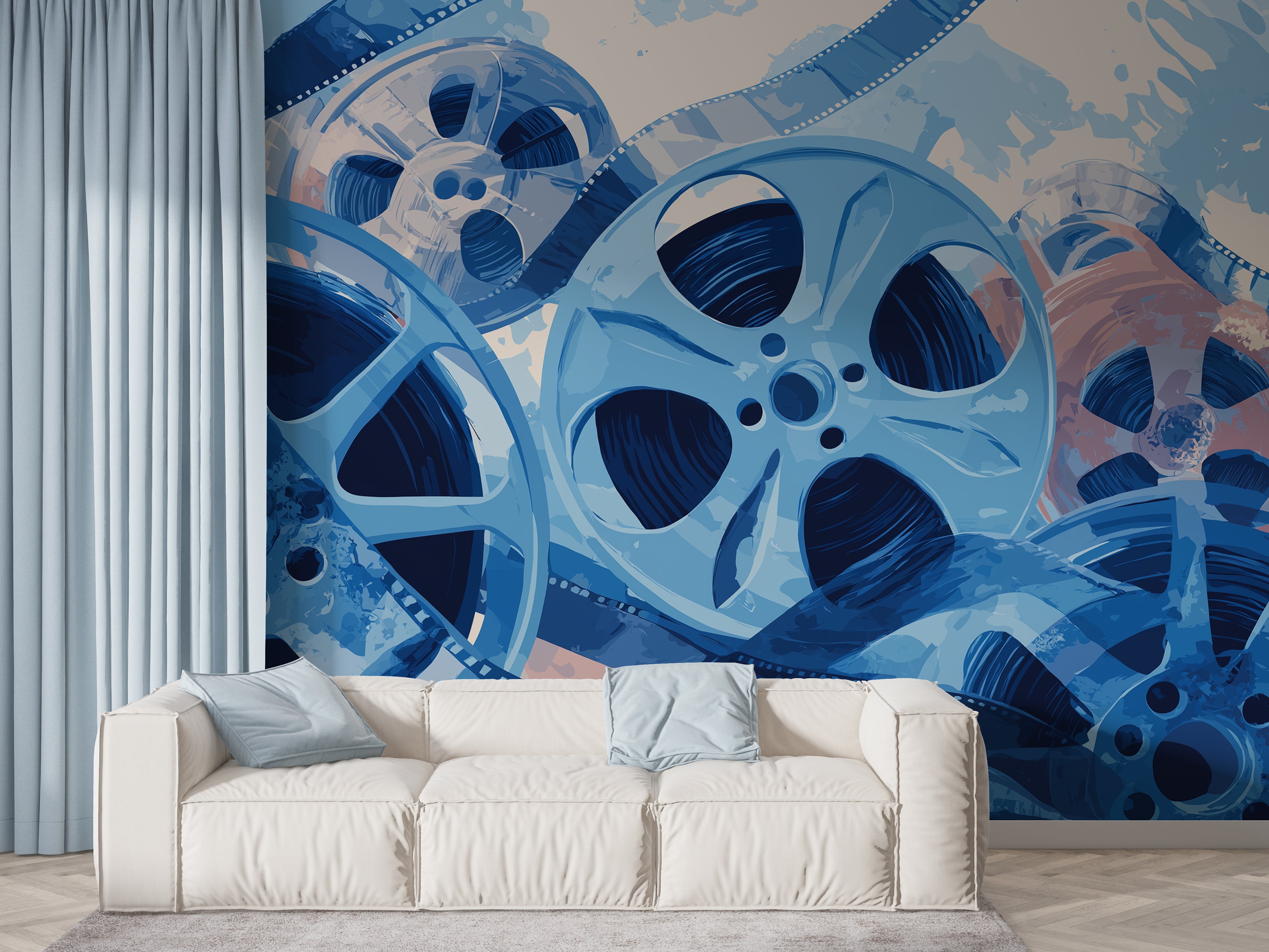Home theater wall mural with vintage cinema theme
