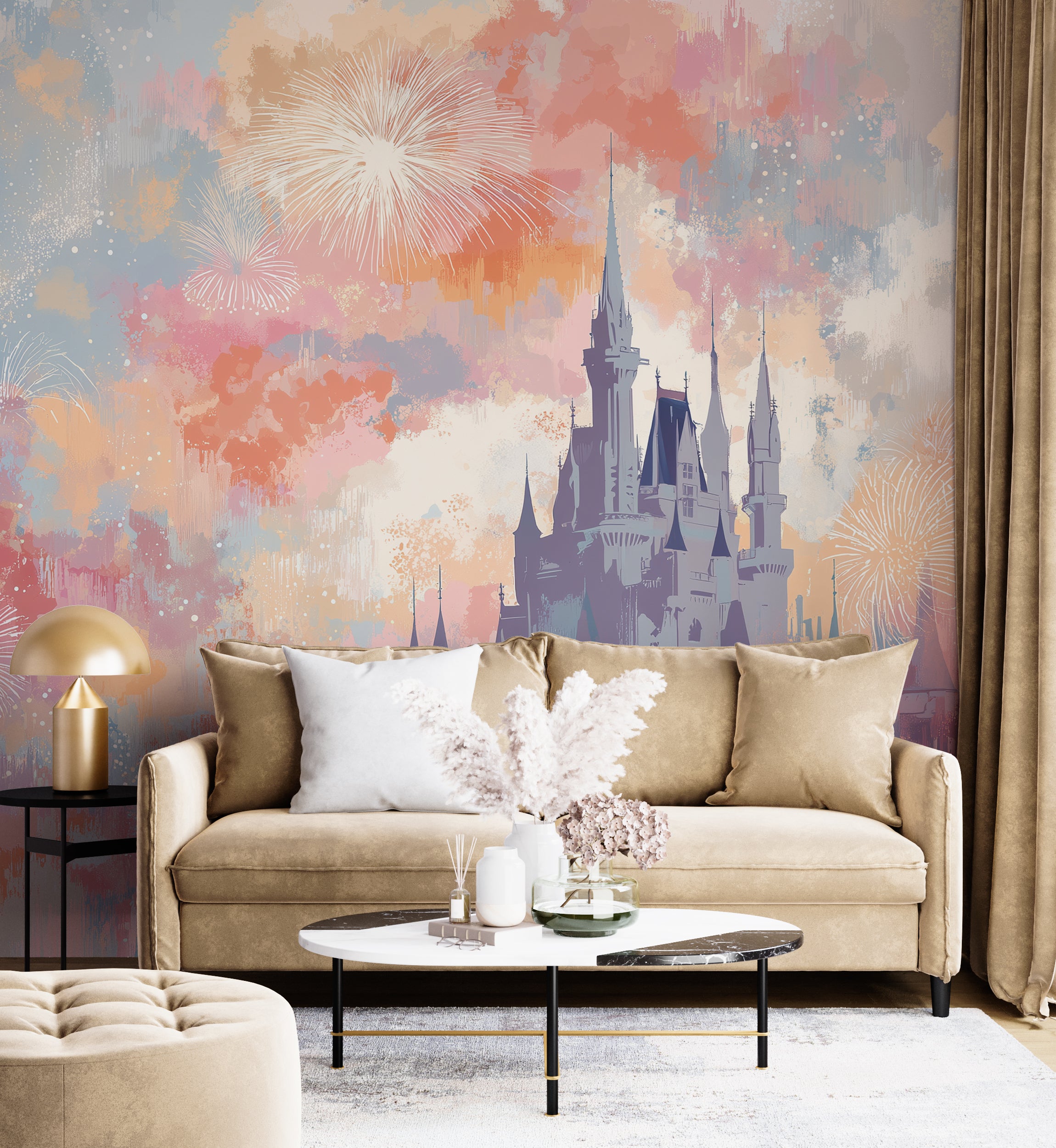 pastel pink peach blue cloud wall mural with castle