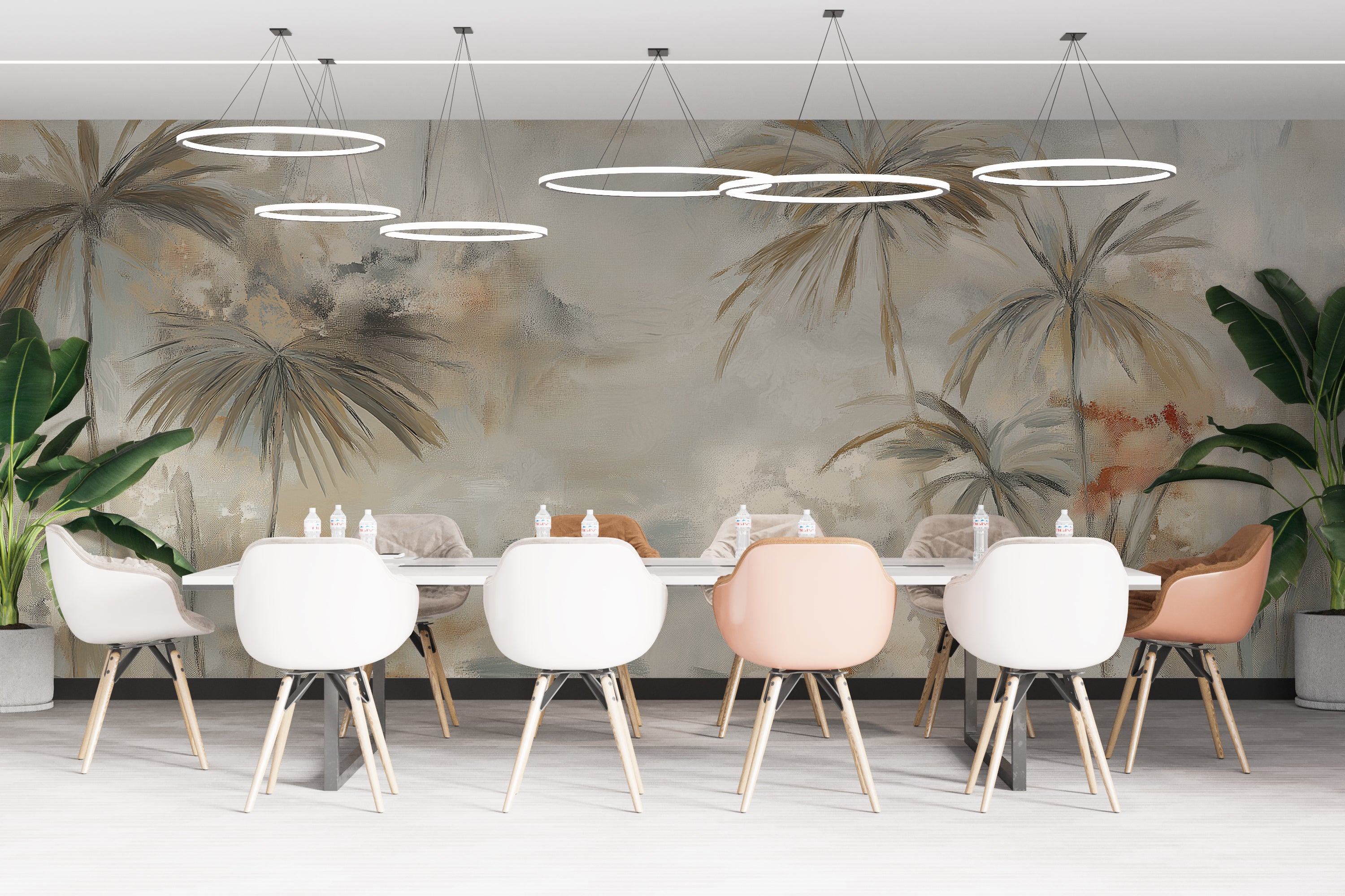 Neutral coastal palm tree mural for bedroom