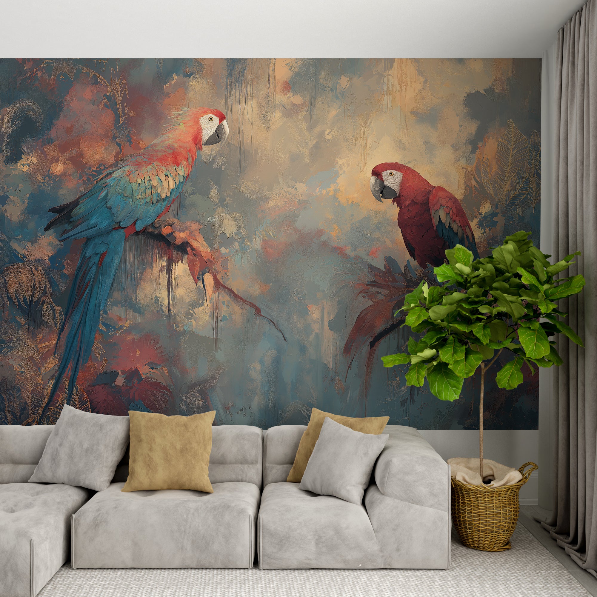 rainforest parrot wall art in lush foliage background