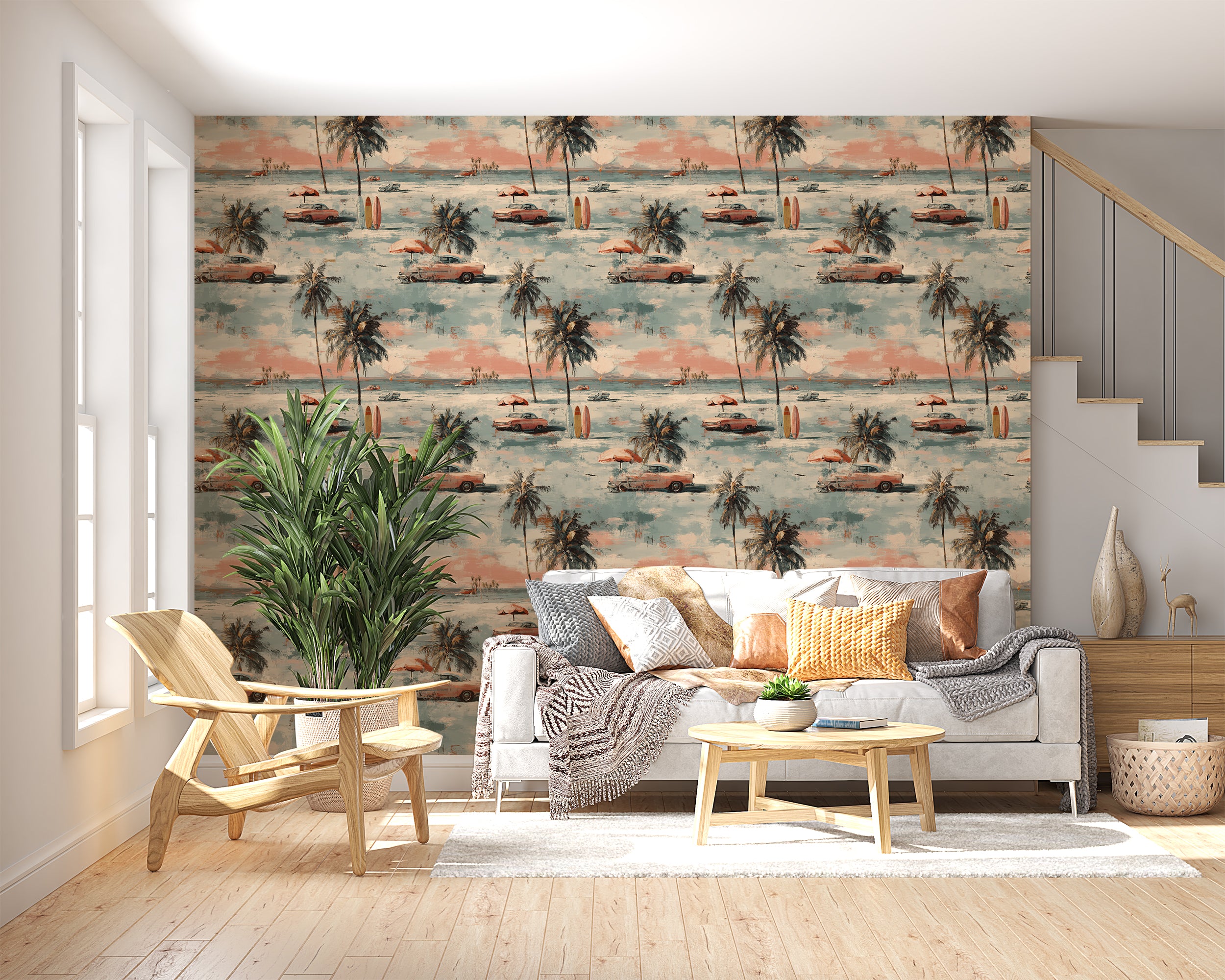 nostalgic summer beach scene wallpaper in pastel colors
