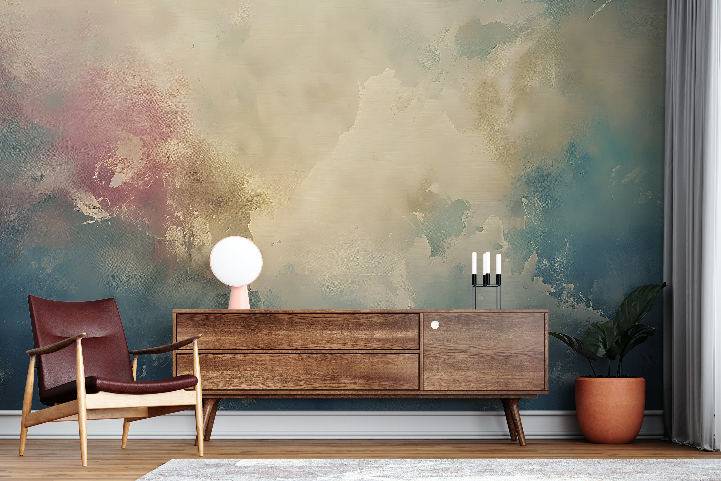Abstract Art Wall Mural, Peel and Stick Plaster Design Wallpaper, Beige and Blue Abstract Accent Wall Decor, Watercolor Removable Art