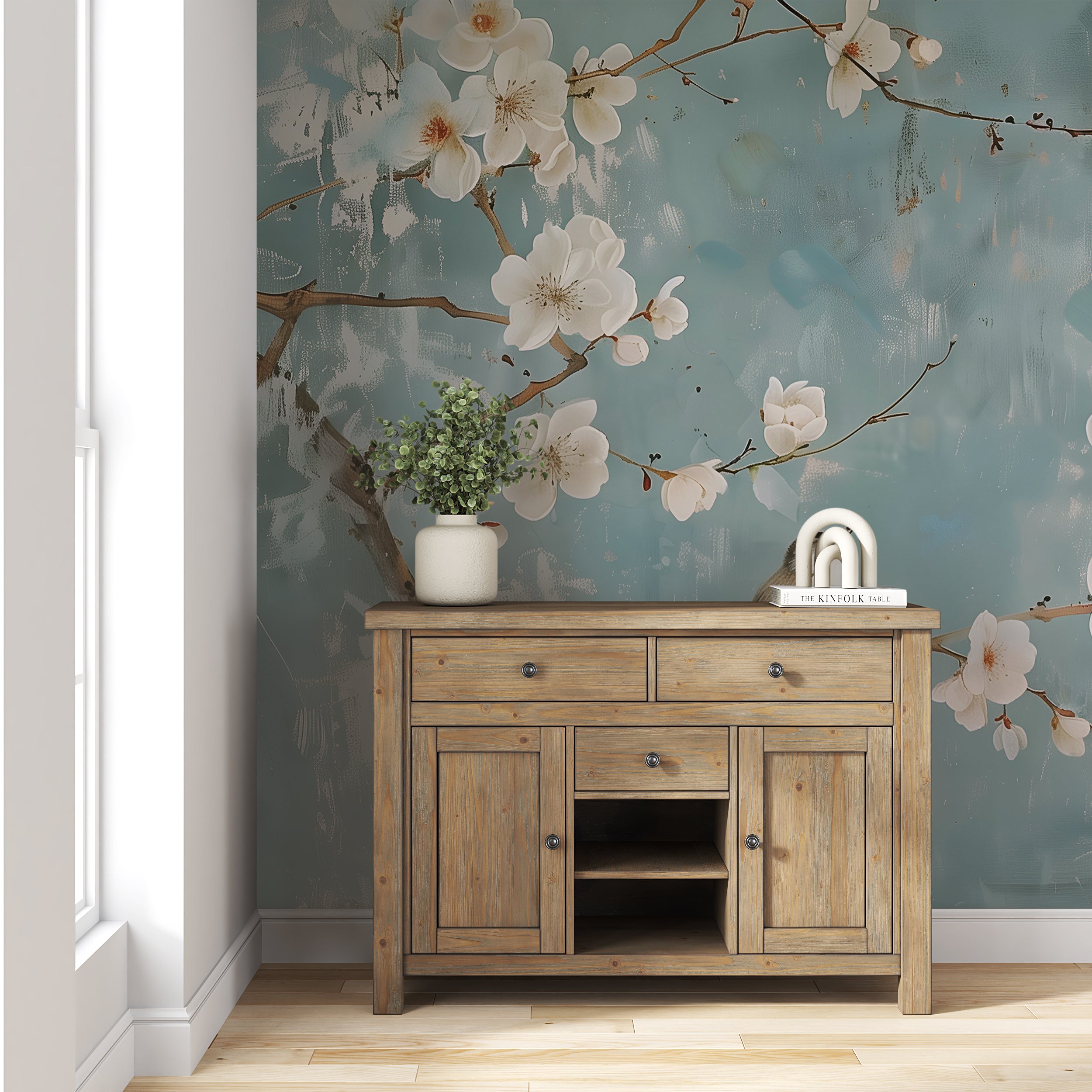 Soft Blue Chinoiserie Mural, Delicate Botanical Wallpaper, Peel and Stick Floral Wall Decor, Flowers and Birds Japanese Wall Art