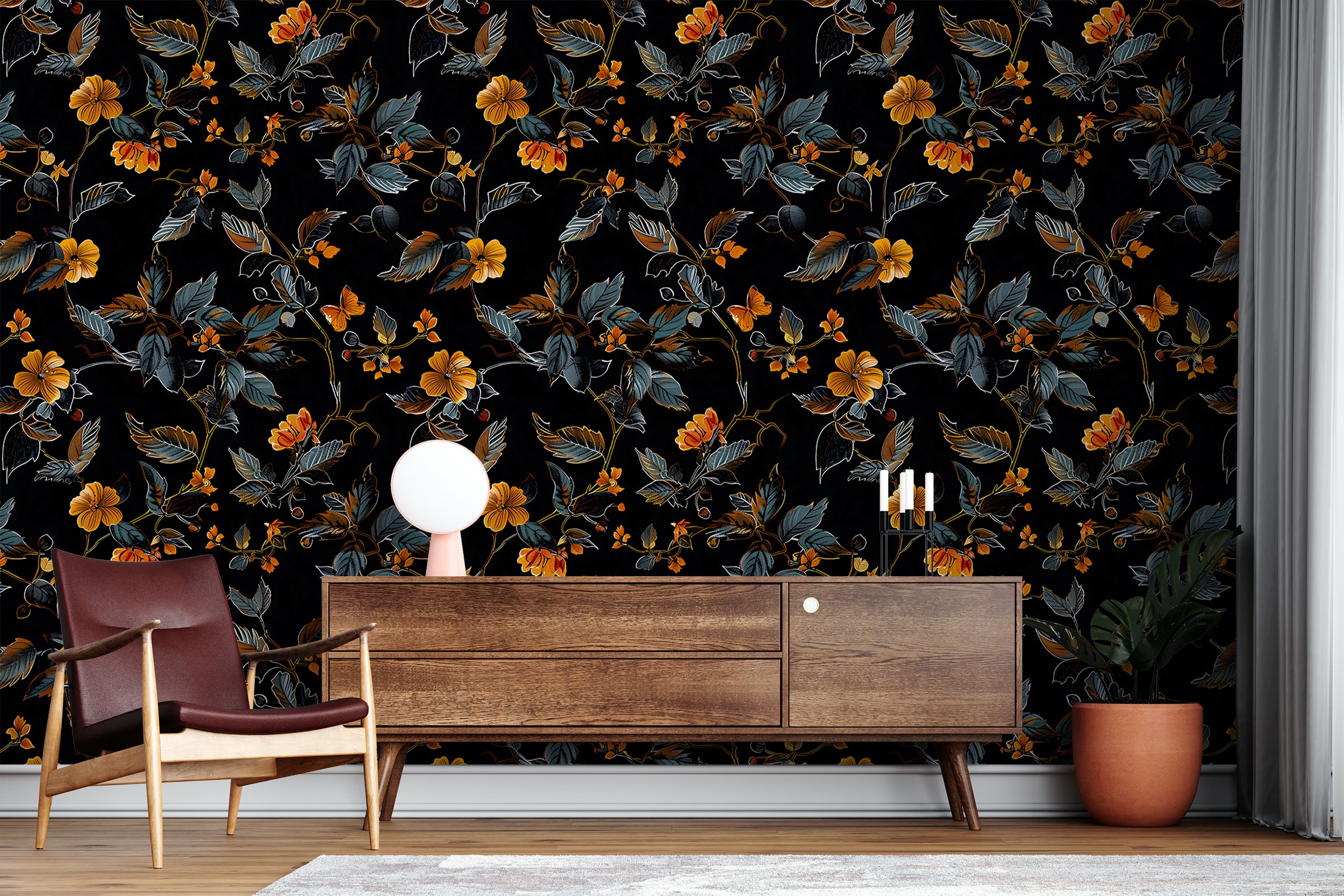 Abstract Dark Floral Wallpaper, Black and Orange Botanical Wallpaper, Peel and Stick Orange Flowers Wall Decal, Removable Floral Decor