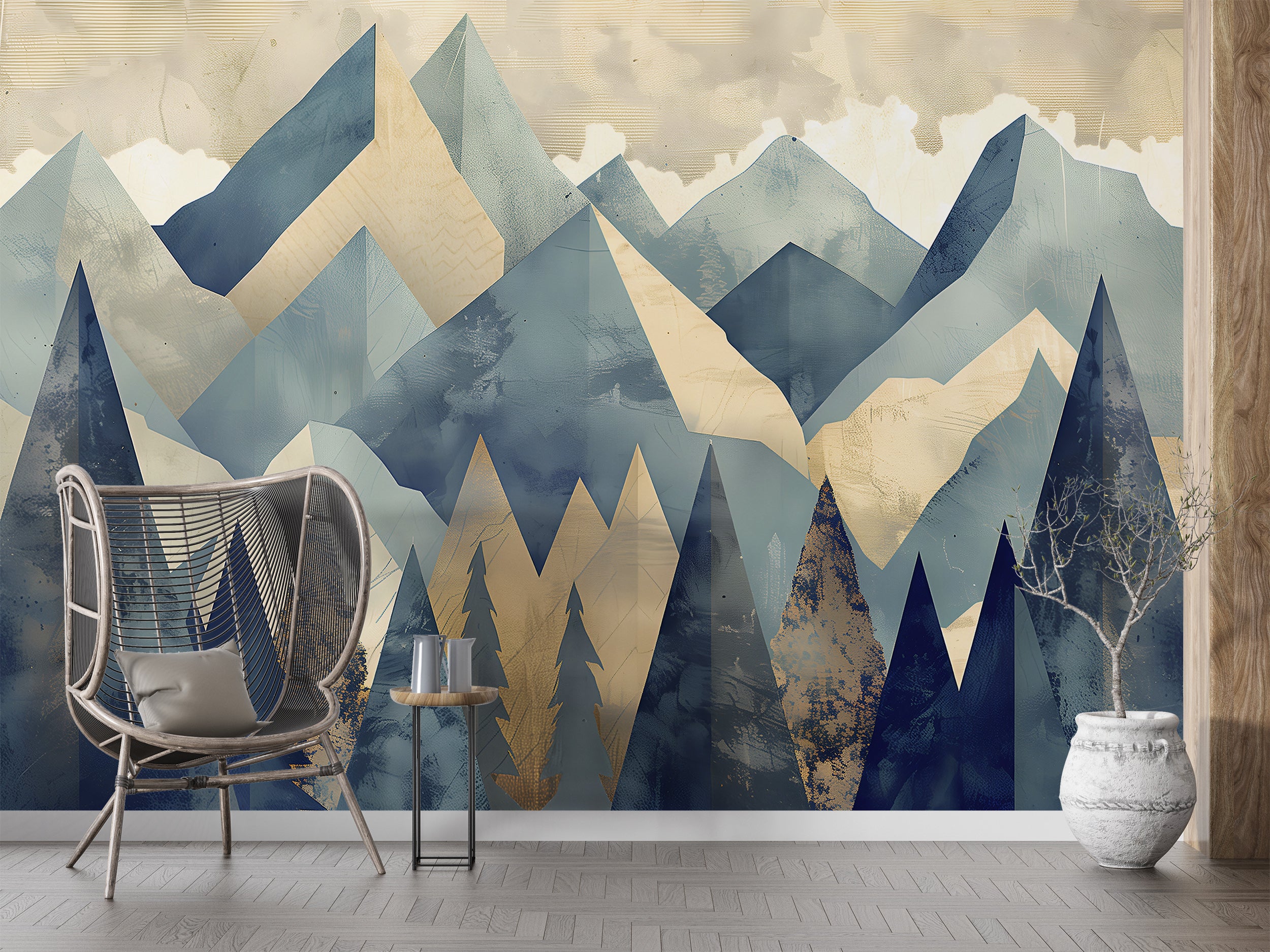 Mountains in Cubism Style Mural, Peel and Stick Abstract Landscape Mural, Blue & Beige Pastel Colors Mountains and Forest Wallpaper
