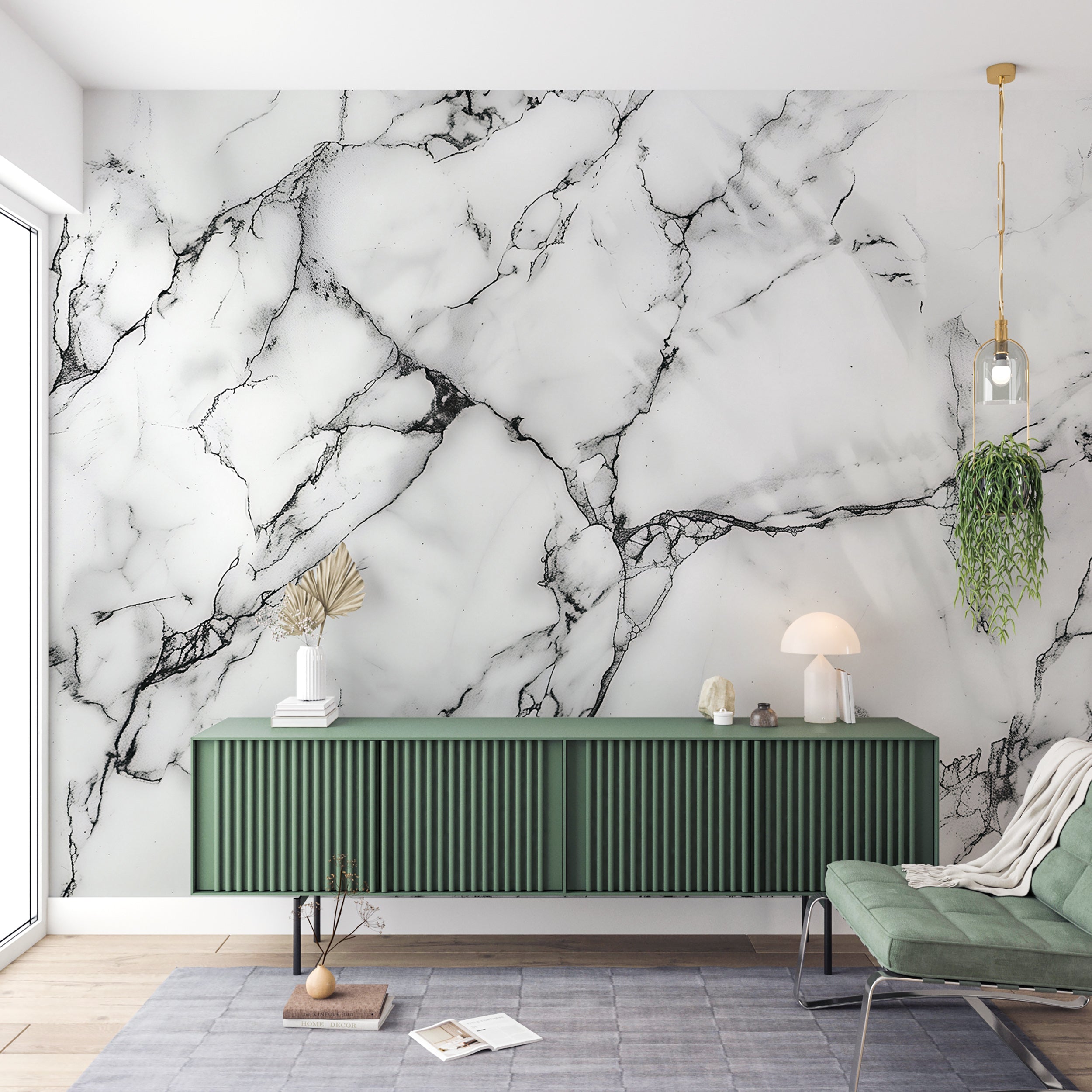 Black&White Marble Mural, Self-adhesive Natural Marble Wallpaper, Stone Texture Mural, Removable White Marble with Black Lines Decor