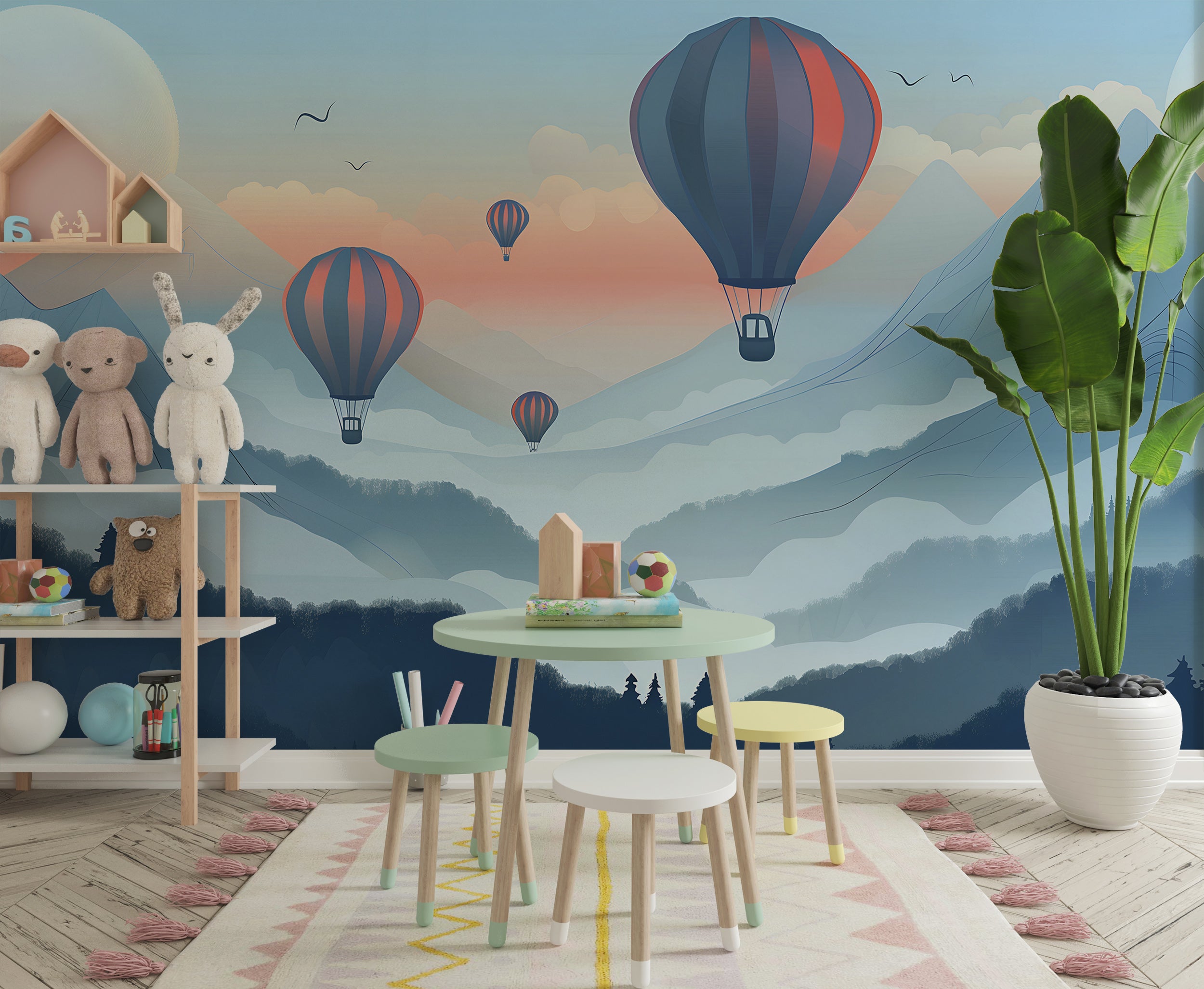 Watercolor Blue Mountains Mural, Hot Air Balloons Mural, Peel and Stick Nursery Landscape Wallpaper, Hot Air Balloons Kids Room Decor