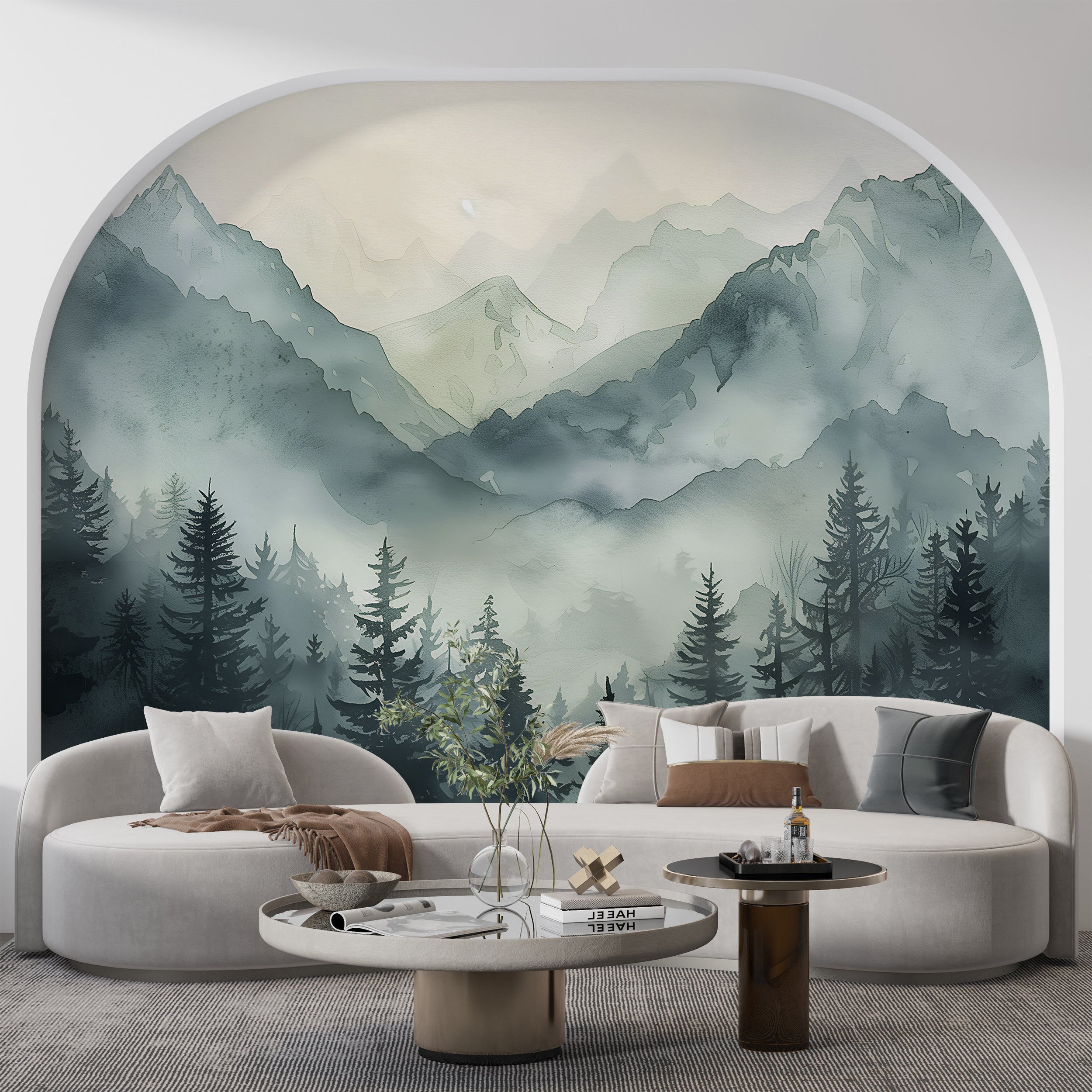Green Mountains Wall Mural, Watercolor Foggy Forest and Mountains Wallpaper, Peel and Stick Nursery Soft Nature Mural, Wild Nature Art