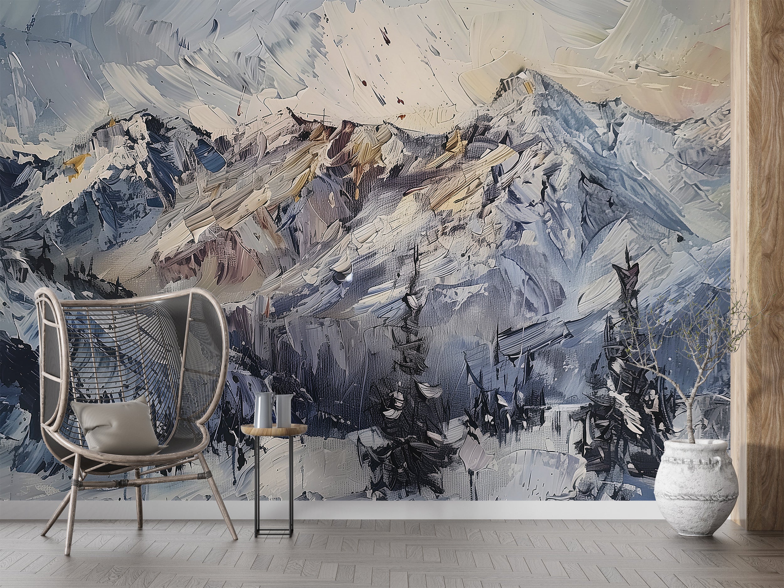 Abstract Oil Painting of Snowy Mountains Mural, Peel and Stick Mountains, Snowy Landscape Wallpaper, Blue and White Mountain Mural