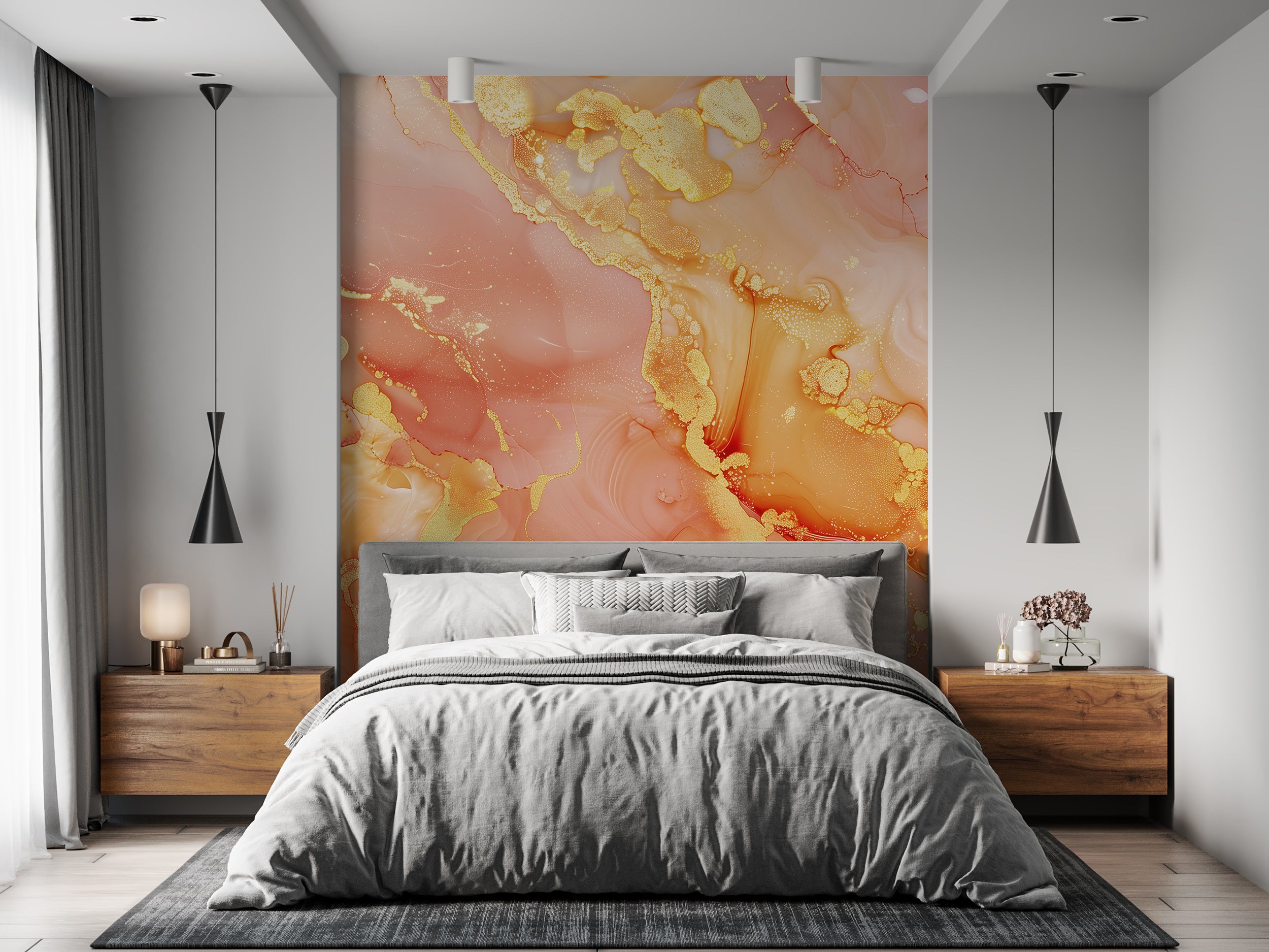 Abstract Peach Color Mural, Pink and Orange Alcohol Ink Mural, Marble Wallpaper, Peel and Stick Accent Wall Modern Decor, Unique Custom Art