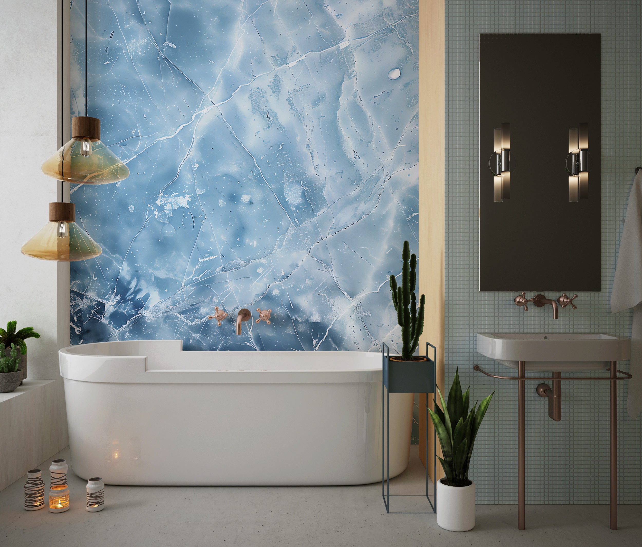 Blue Ice Wall Mural, Soft Blue Marble Wallpaper, Peel and Stick Abstract Winter Art, Removable Light Blue Marble, Ice Wallpaper