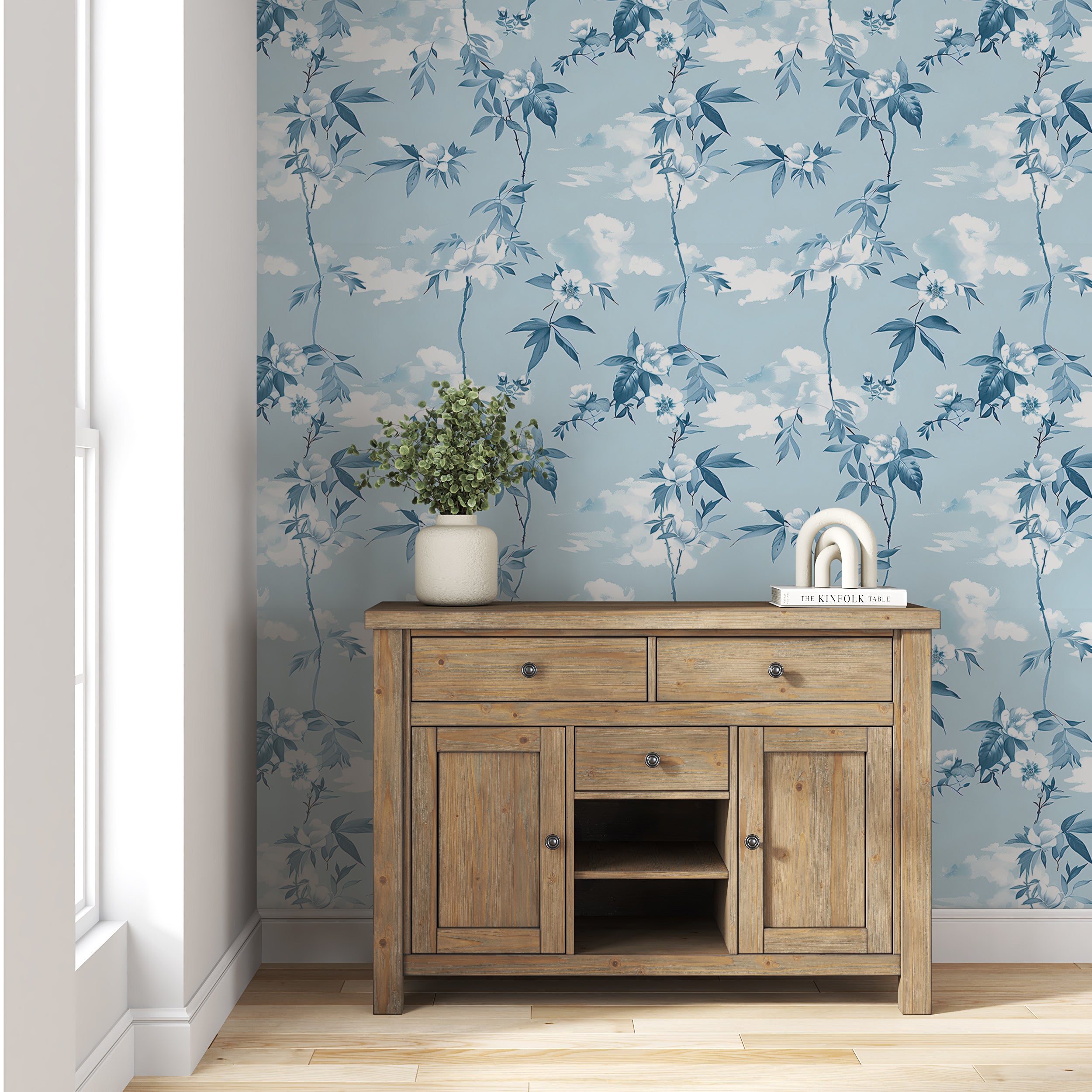 Sky Blue Floral Wallpaper, Light Botanical Peel and Stick Decor, Blue Vines and Leaves Wallpaper, Clouds Wall Decal, Flower Wallpaper