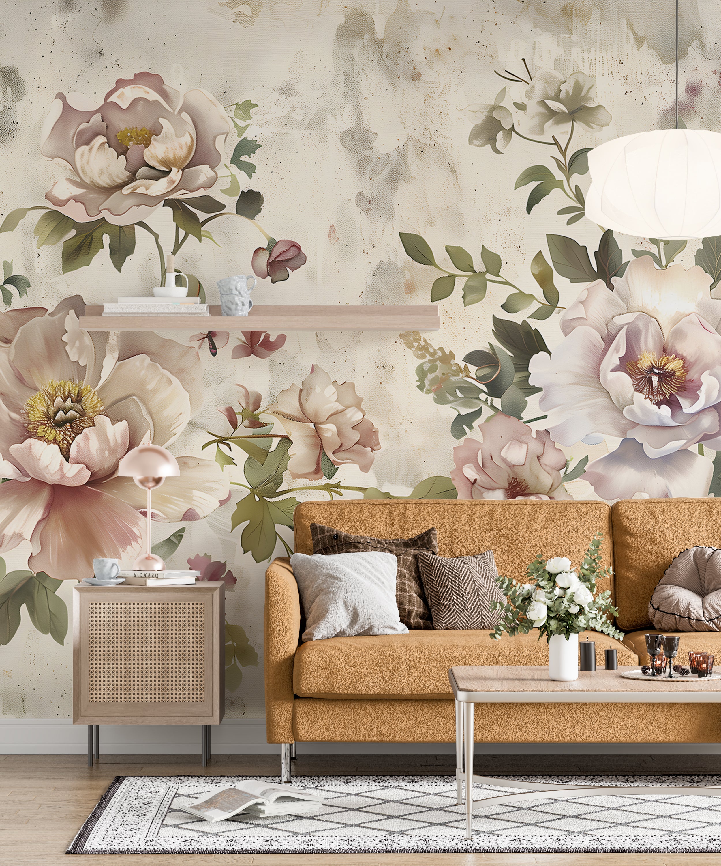 Large Flowers Wall Mural, Peel and Stick Floral Wallpaper, Beige Flowers and Butterflies Mural, Pink Flowers and Green Leaves Wall Decor