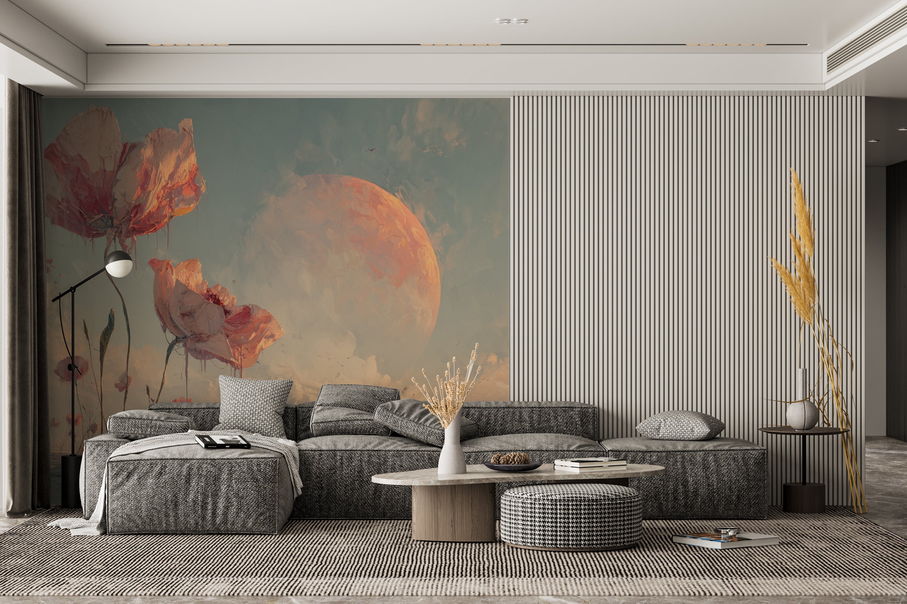 Surreal Floral Wallpaper Mural – Giant Pink Flowers in Dream Desert Landscape with Moon, Fantasy Wall Art for Bedroom or Creative Space