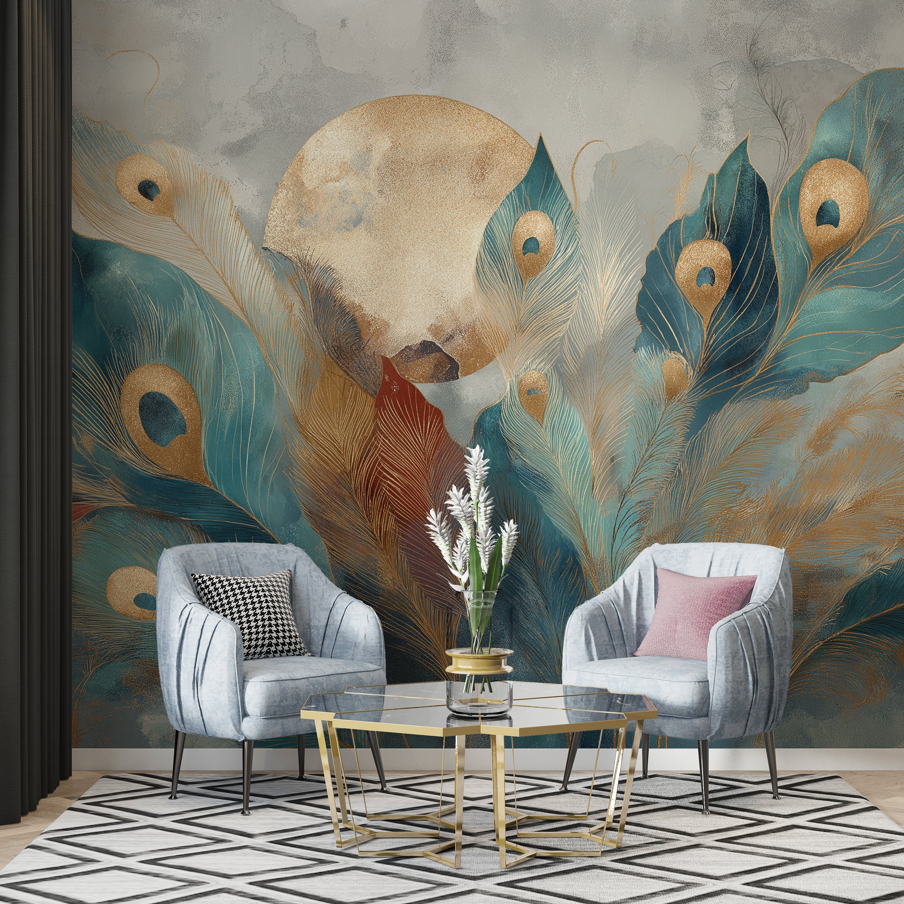 Modern luxury teal and gold peacock feather wall art