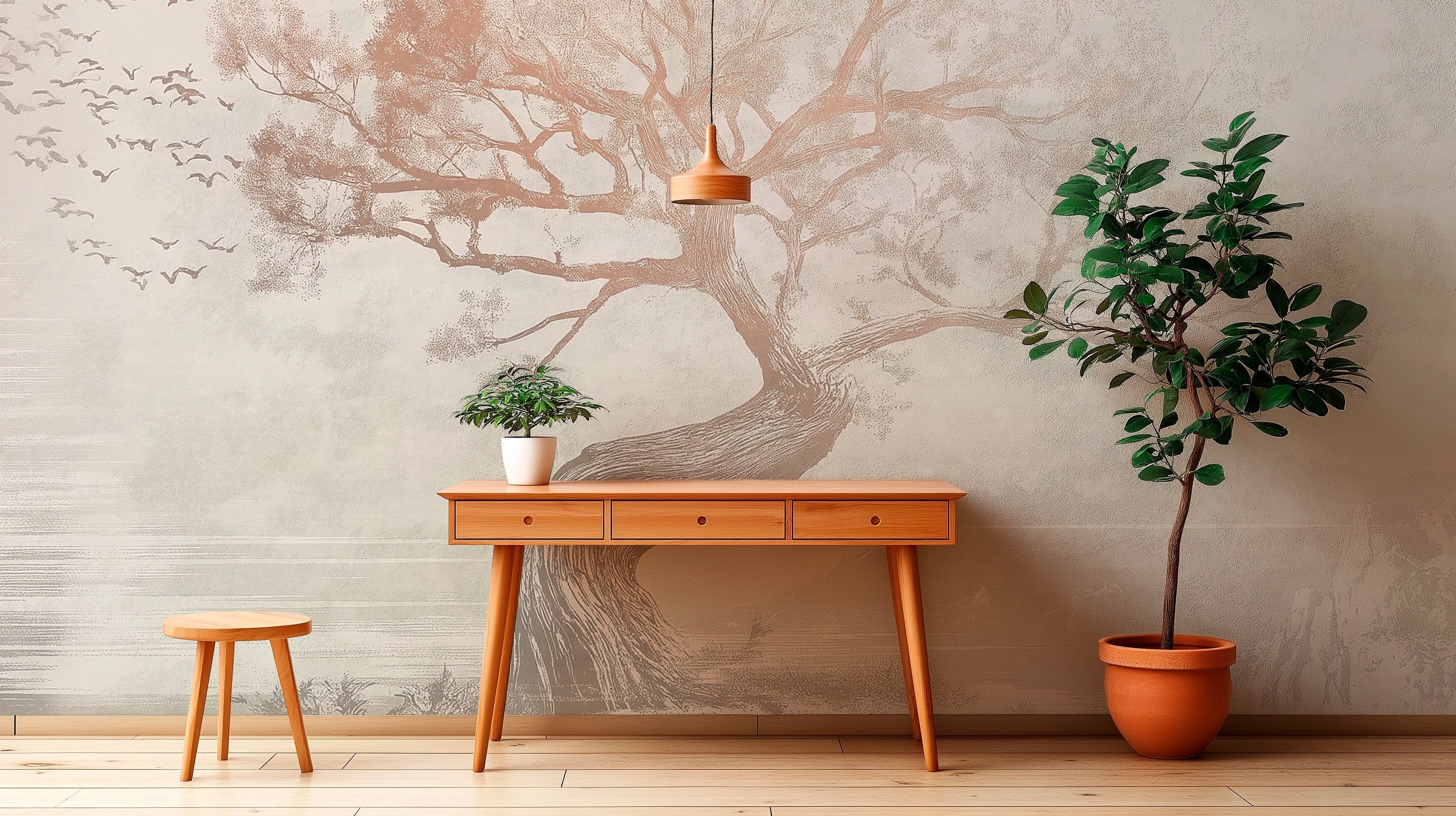 Minimalist mural with landscape with twisted tree and flying birds in soft monochrome tones, serene nature-inspired artwork with Asian aesthetic for decor.