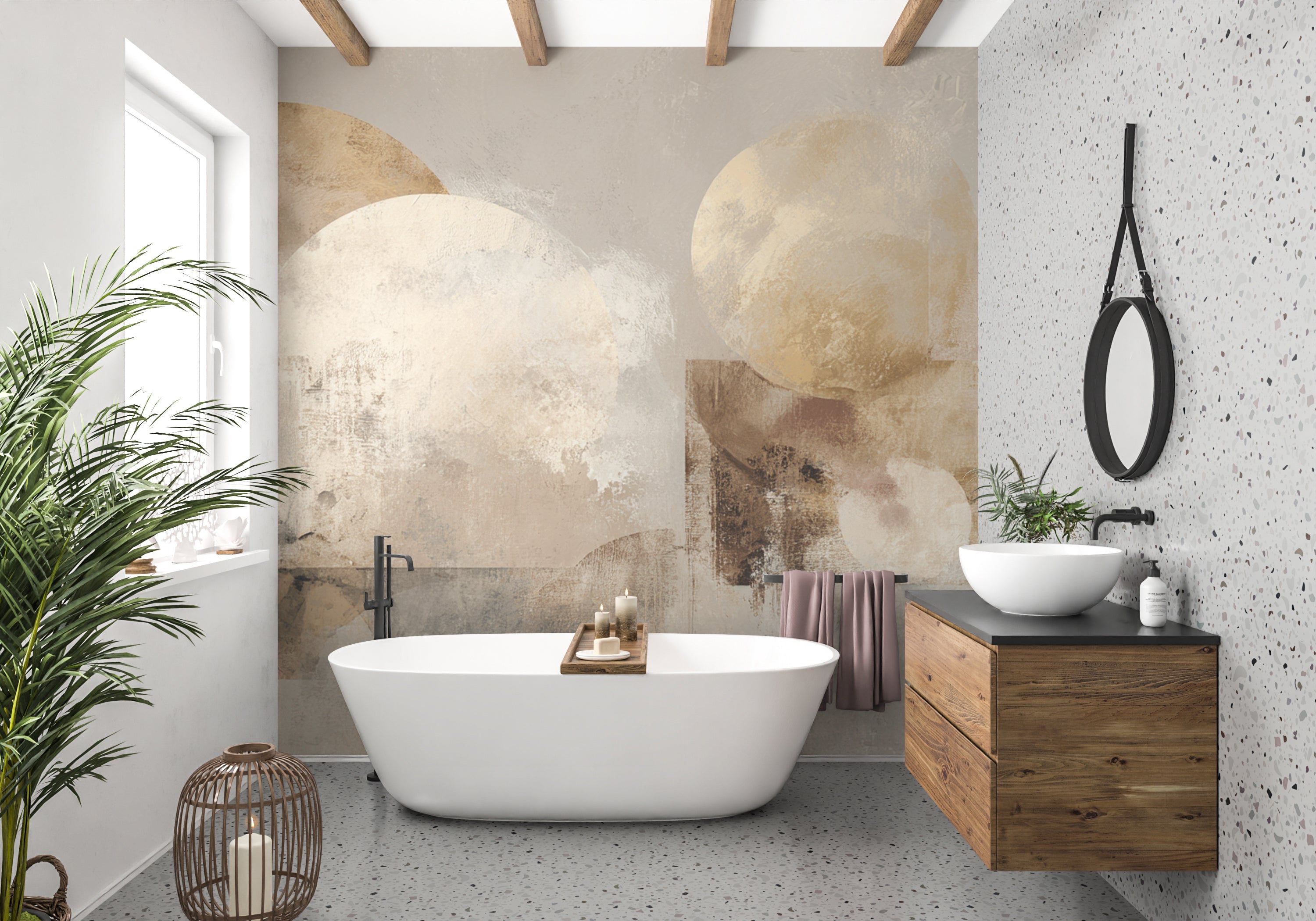Neutral geometric mural with textured abstract forms in beige and gold