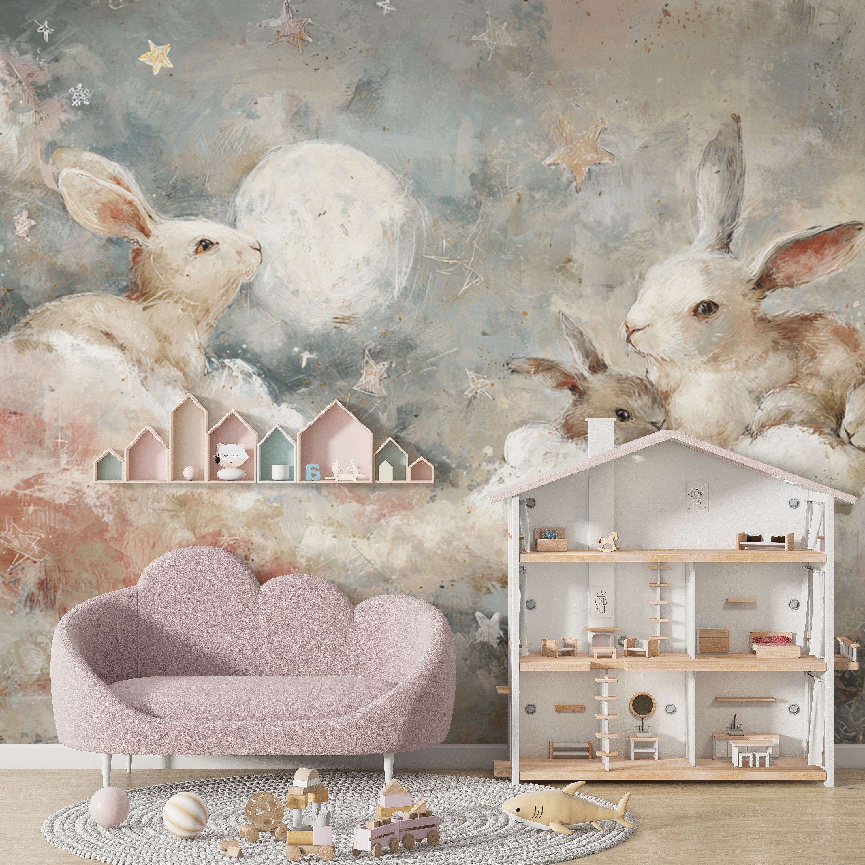 Pastel Bunny Mural for Nursery Kids Room Wall Art with Moon Stars and Clouds in Soft Colors