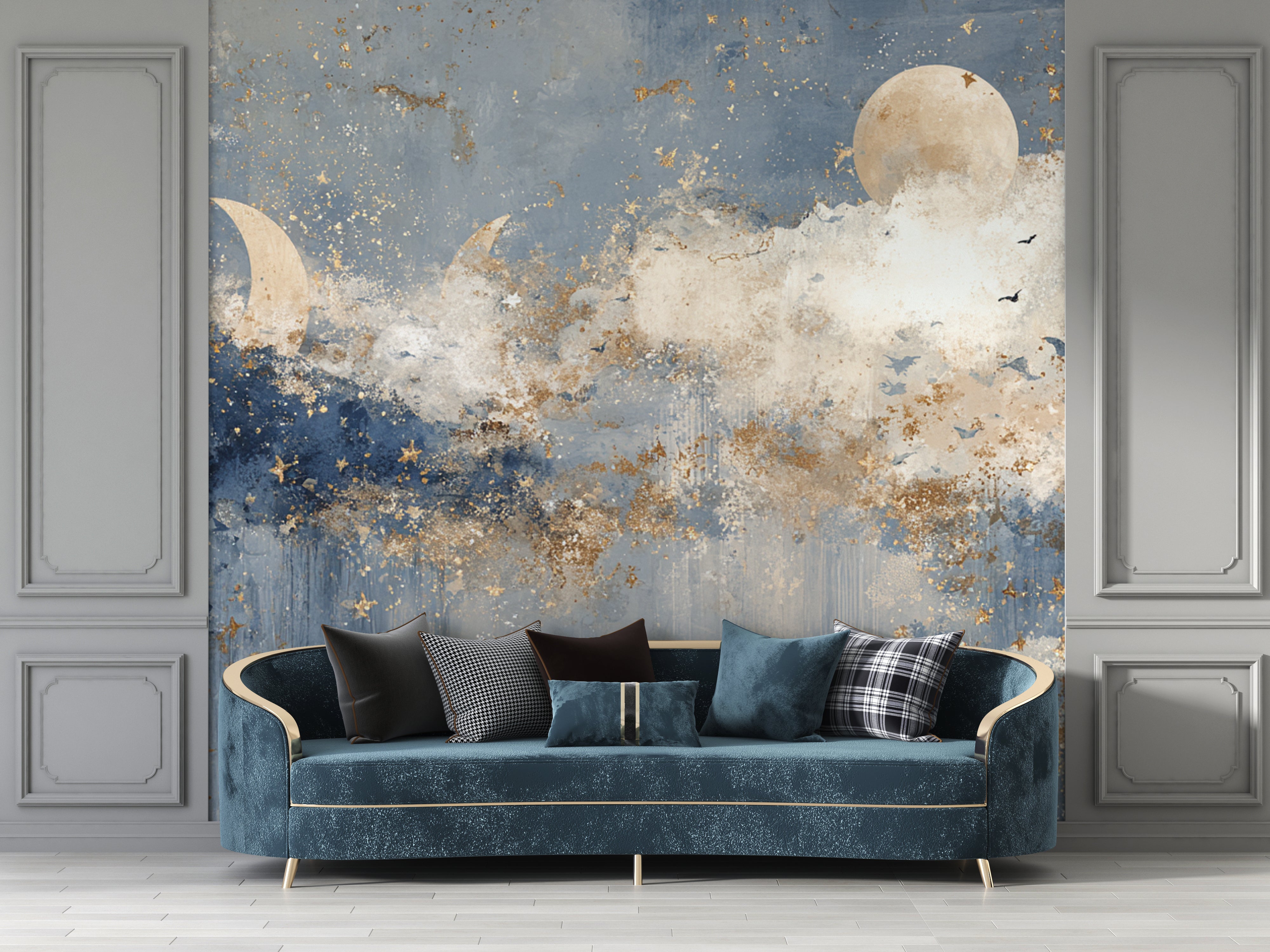 Celestial Wall Mural with Moon Phases Stars and Clouds in Navy Blue and Gold for Nursery or Dreamy Room Decor
