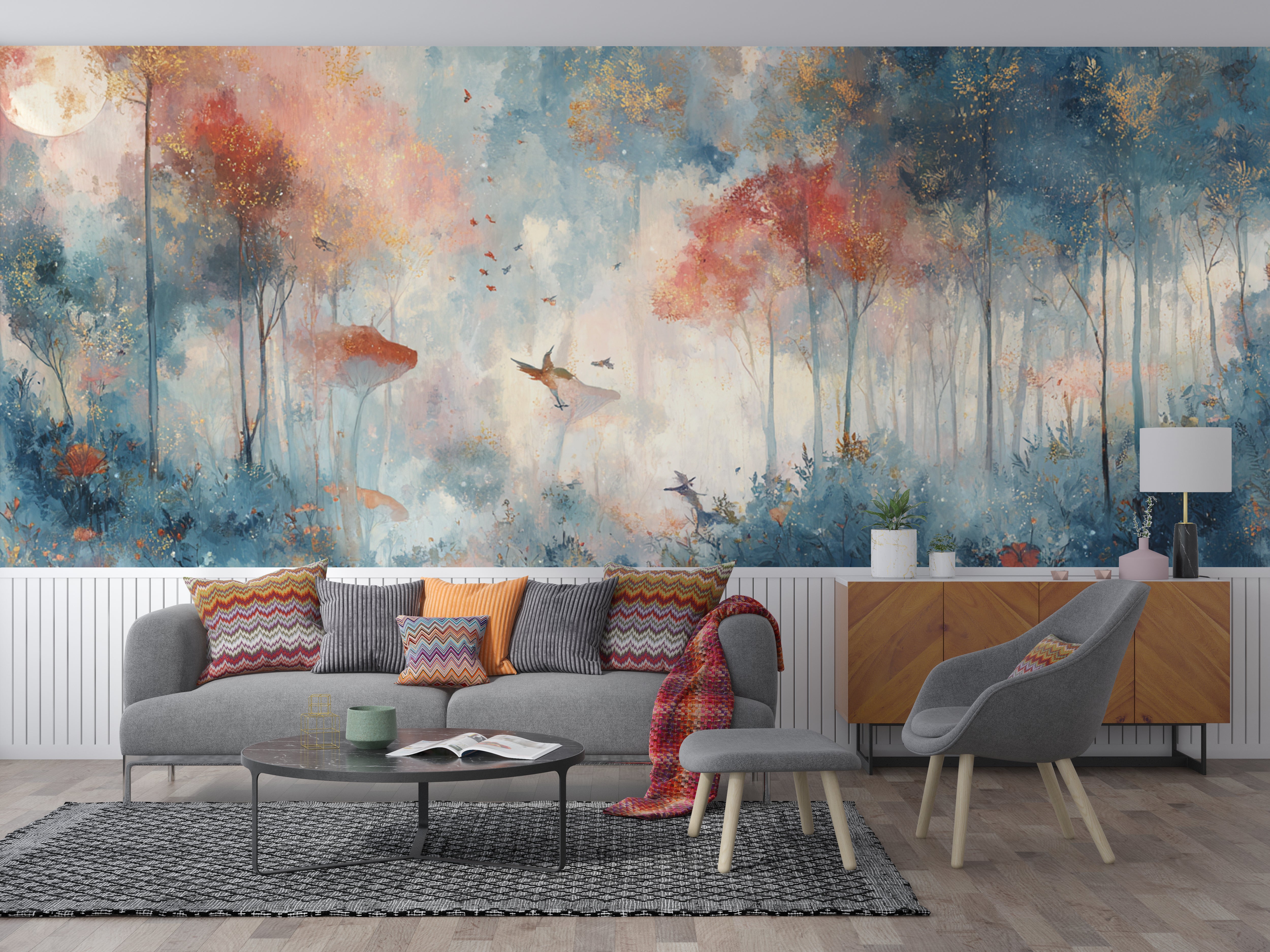 Fantasy Forest Wallpaper Mural – Magical Woodland Wall Art with Birds, Glowing Trees, Dreamy Blue and Coral Colors for Kids or Boho Rooms