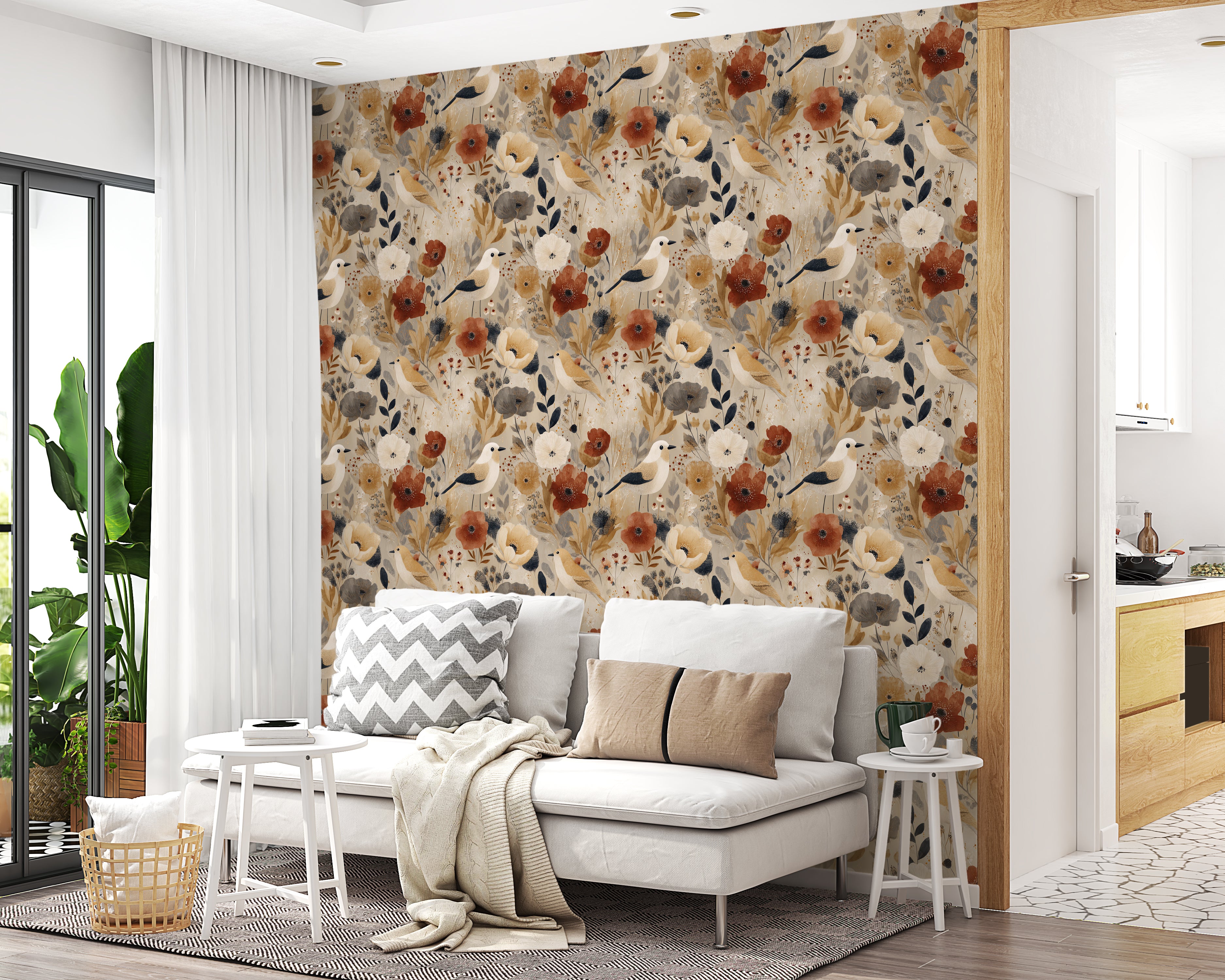 Classic bird and flower mural for cozy home interiors