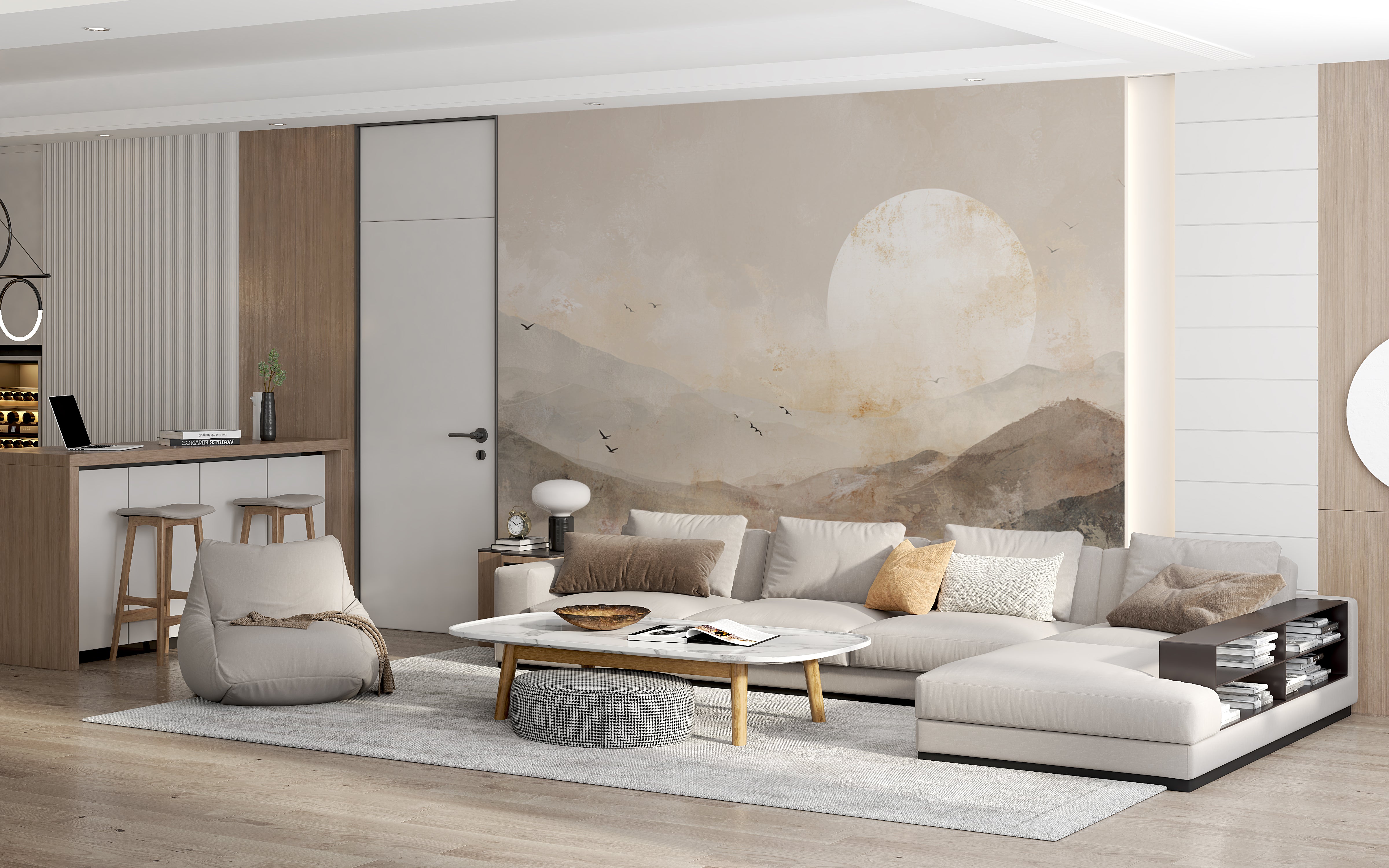 Warm beige and taupe watercolor mountain landscape wallpaper