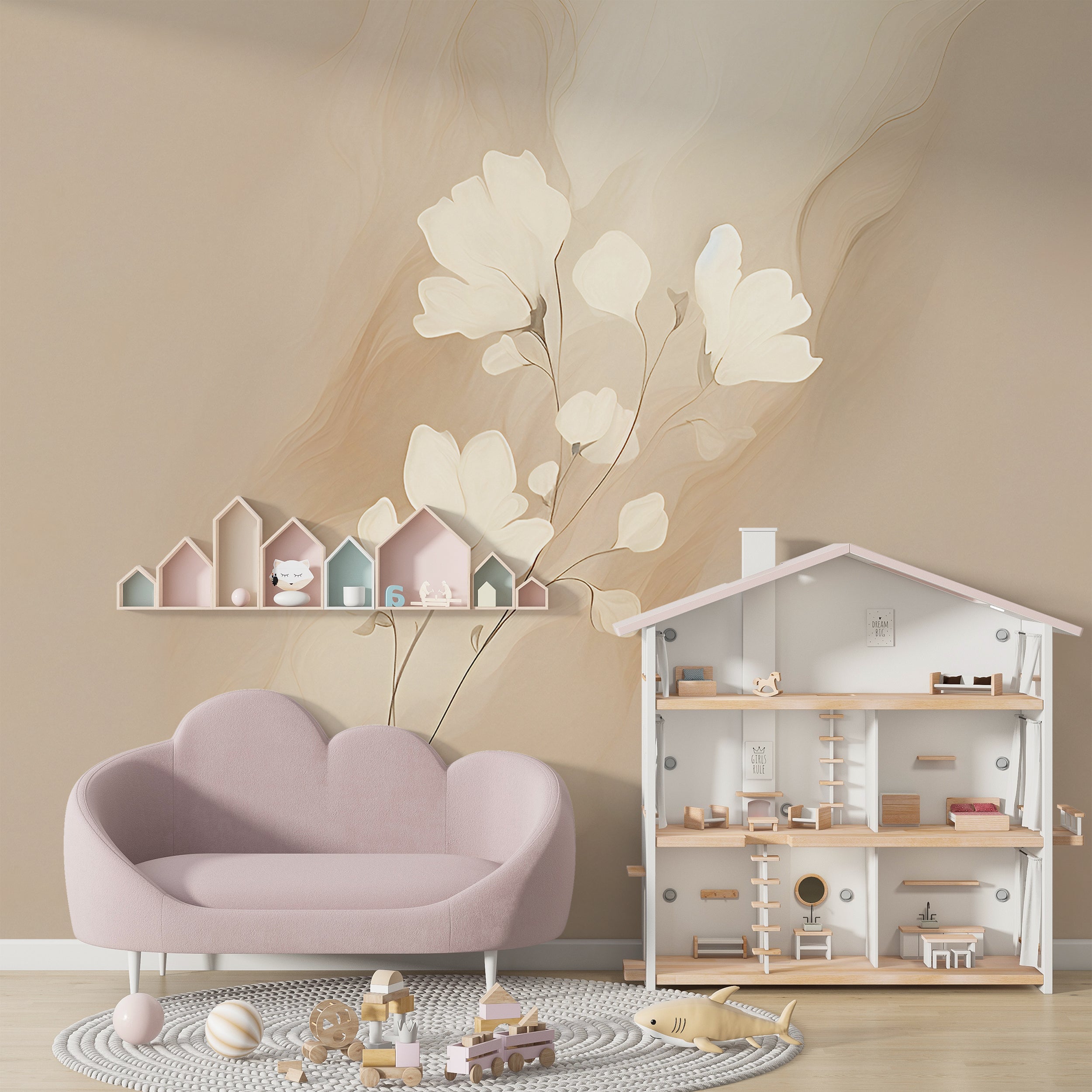 Abstract Flower Mural in Beige