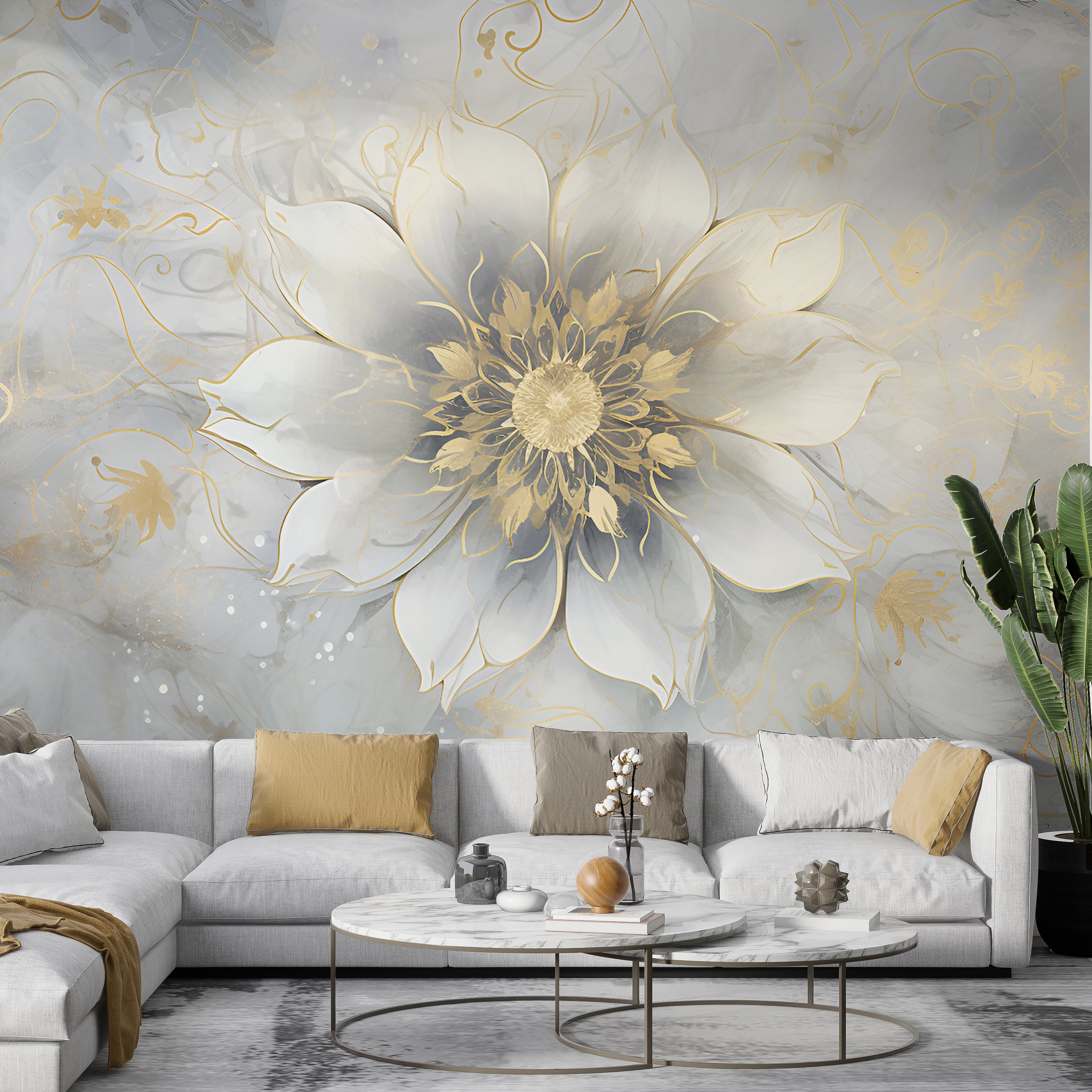 Mandala Mural in Gray and Yellow Wallpaper
