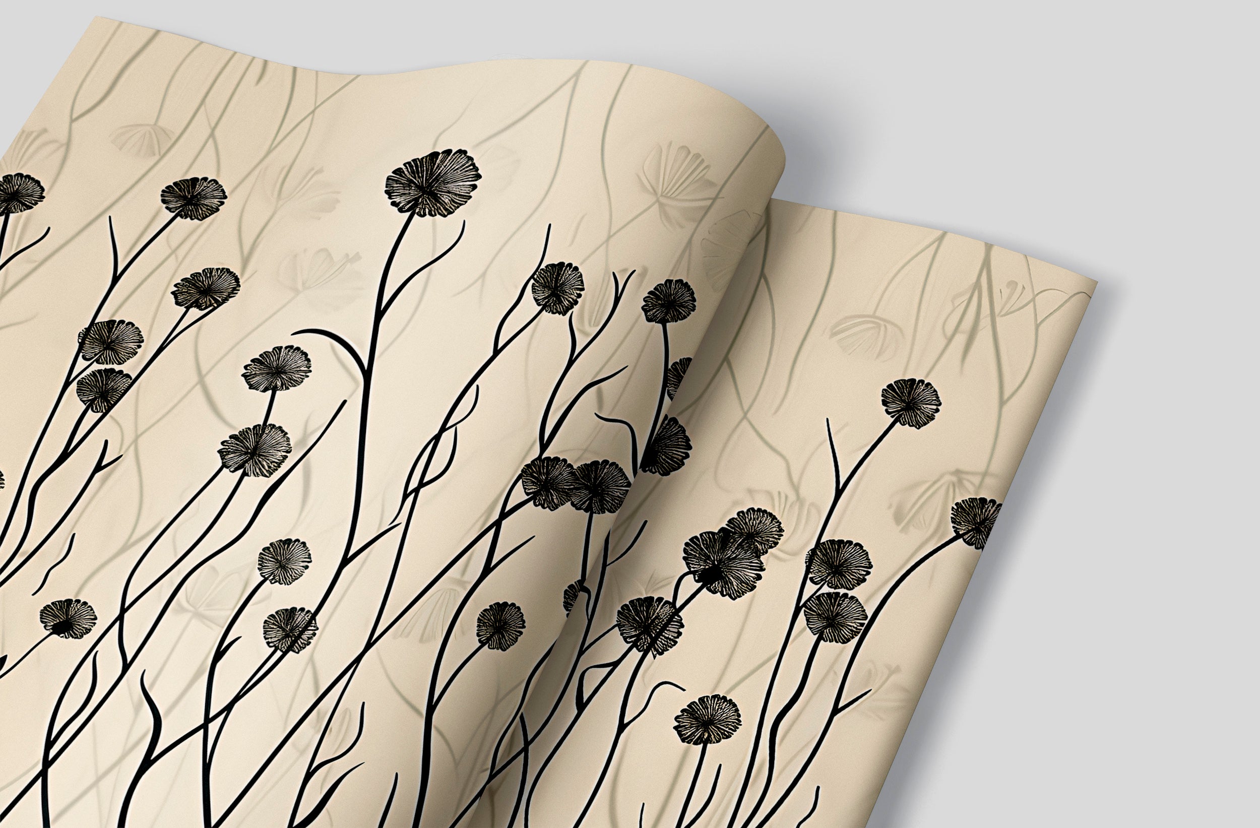 Beige Plants Wall Mural, Light Botanical Wallpaper, Abstract Floral Wall Decal, Peel and Stick Beige Flower Mural, Meadow Flowers Mural
