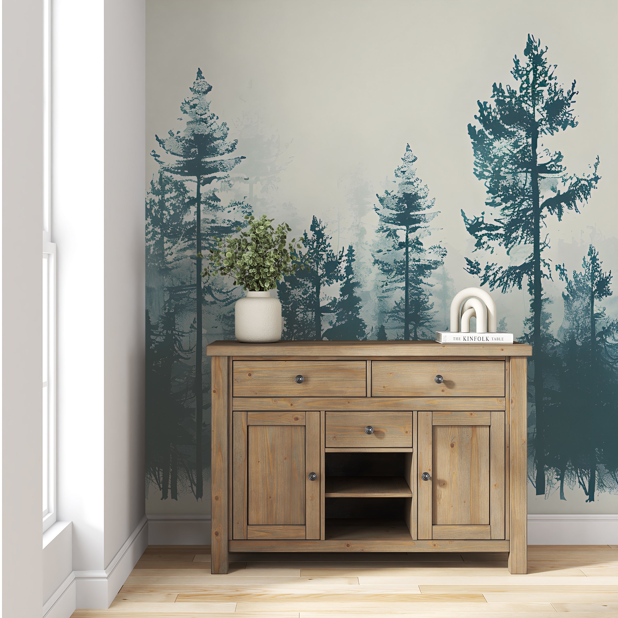 Watercolor Pine Tree Forest Wallpaper, Peel and Stick Nature Mural, Green and Beige Vintage Forest, Classic Seamless Wallpaper