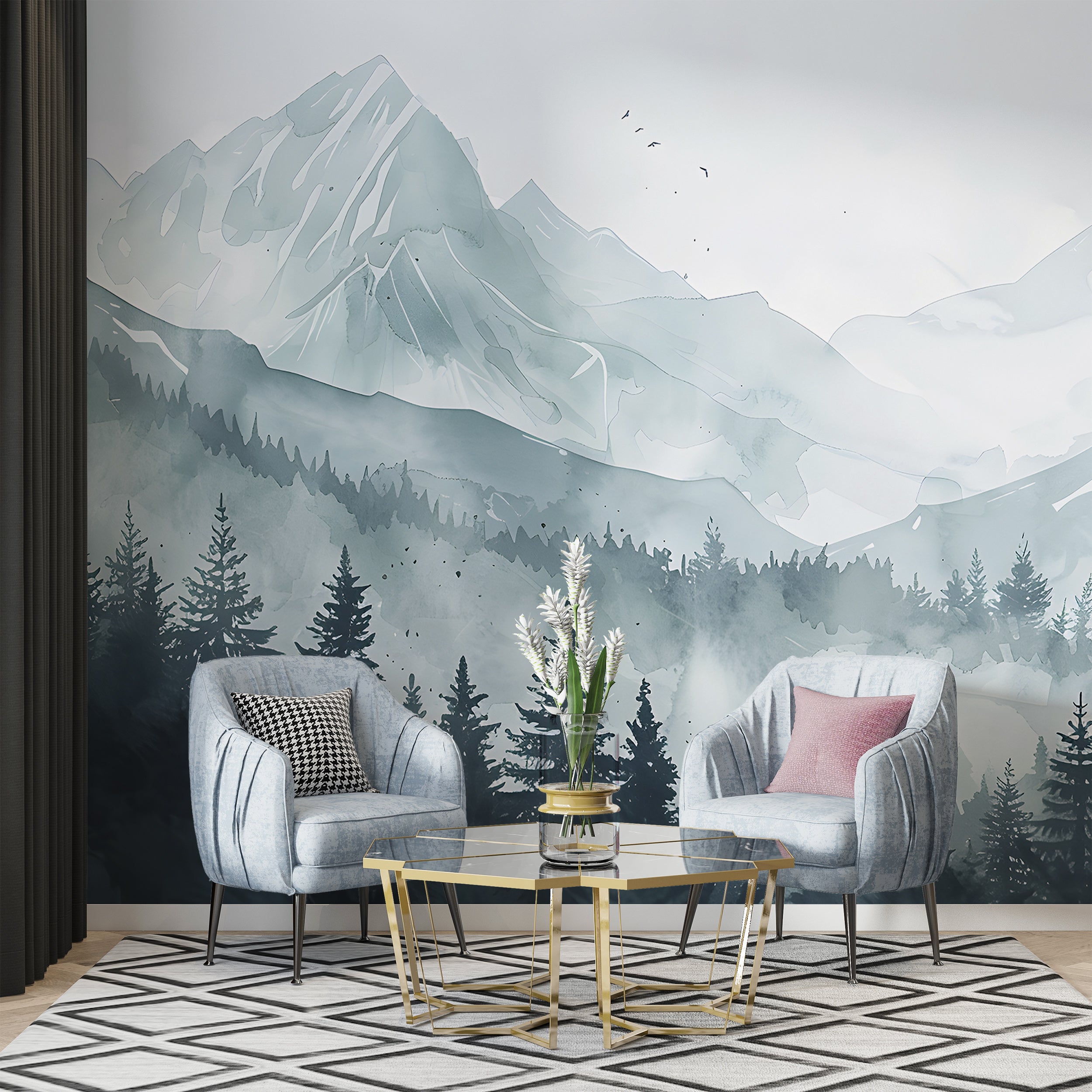 Mountain and Forest Landscape Mural, Watercolor Mountains Wallpaper, Peel and Stick Pine Forest Wall Decal, Nursery Blue Mountain Mural