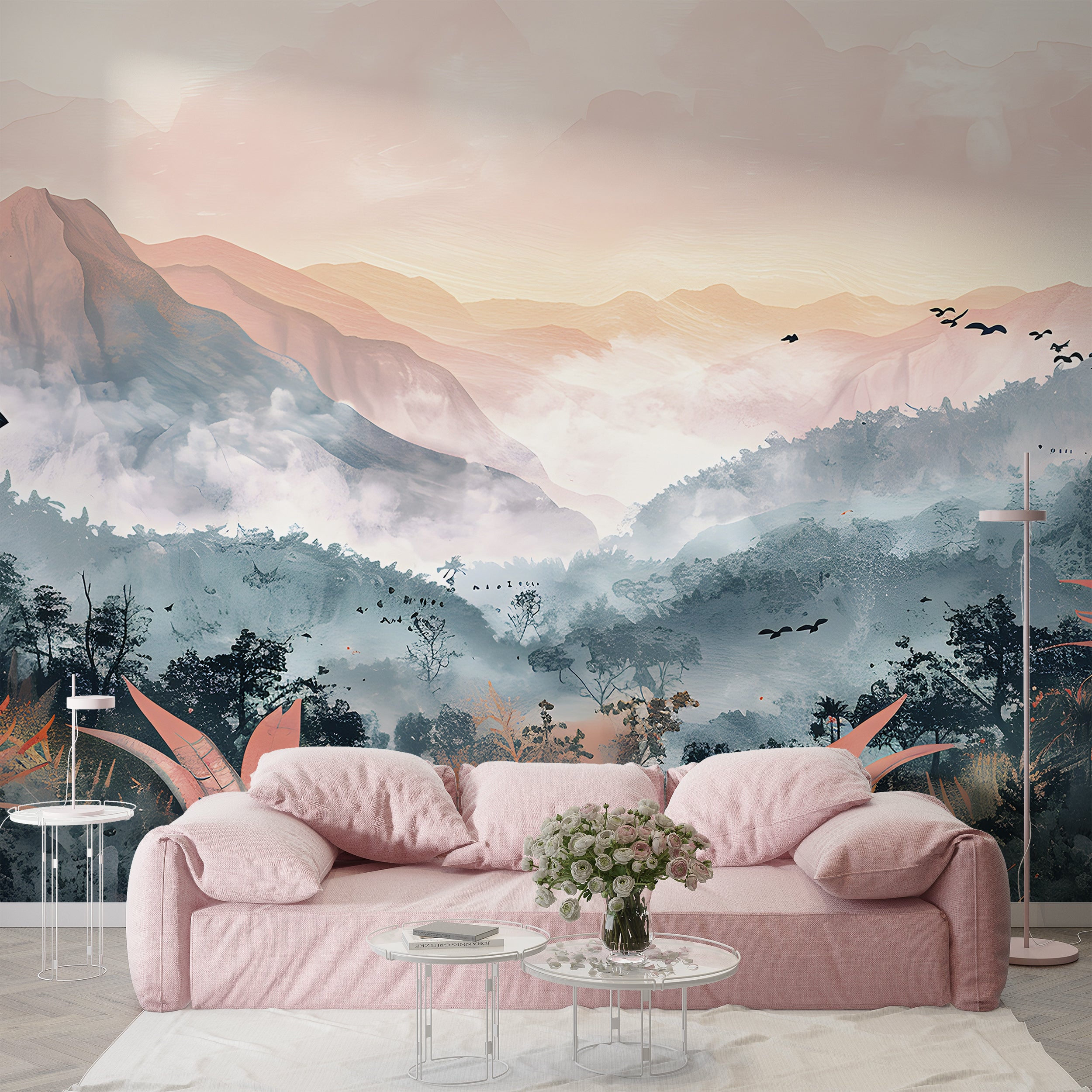 Colorful Jungle Forest Mural, Mountains in the Forest Wallpaper, Peel and Stick Colorful Mountain, Wild Nature Wall Decal, Nursery PVC free