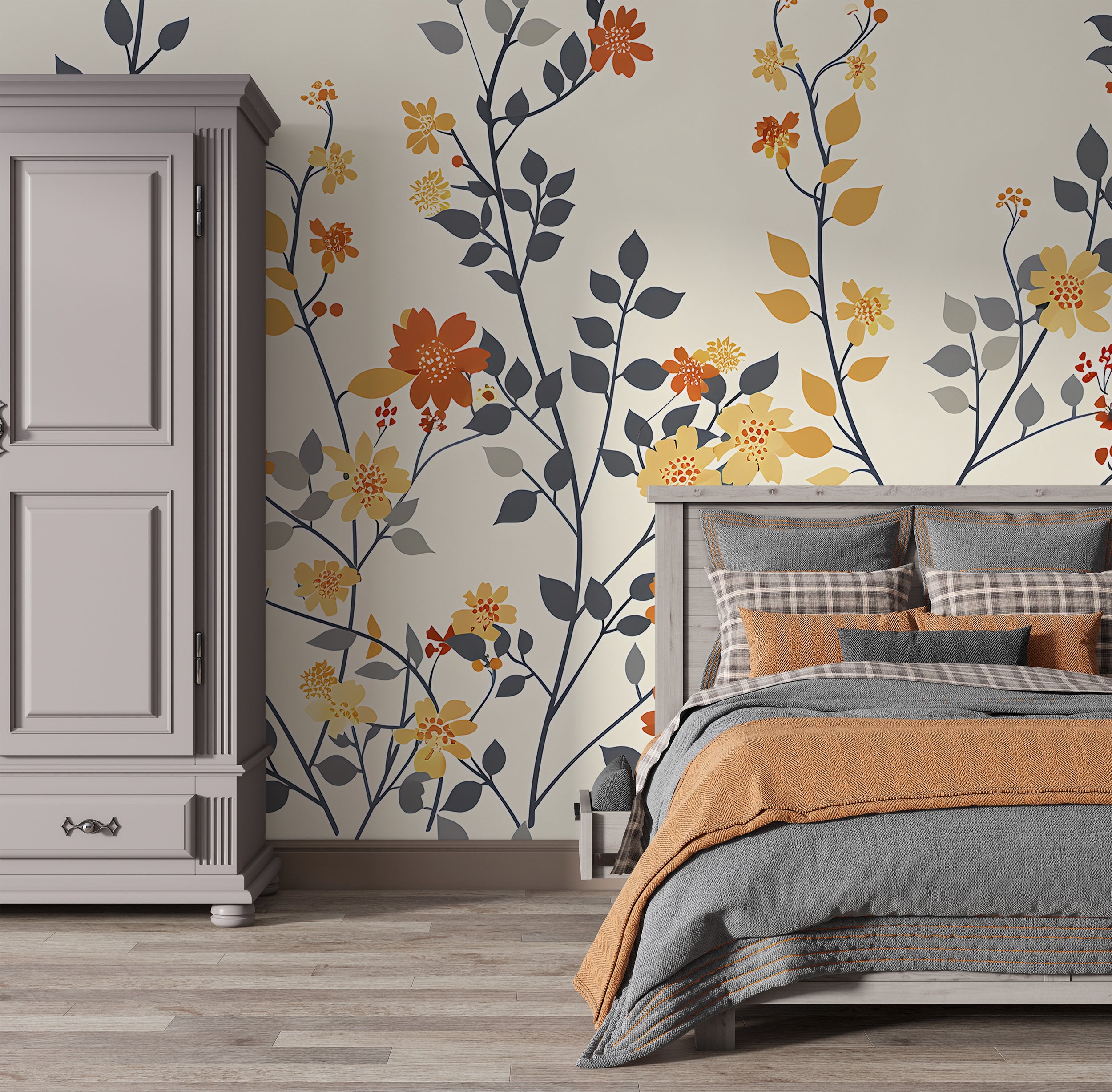 Beige Floral Mural, Red and Yellow Flowers Wallpaper, Self-adhesive Botanical Wall Decal, Removable Pastel Colors Meadow Flower Mural