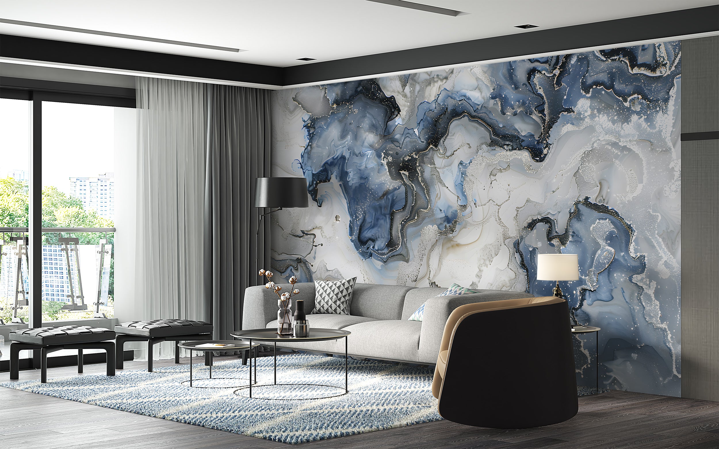 Blue and White Marble Wallpaper, Alcohol ink wall mural, Abstract Peel and Stick Stone Wallpaper, Blue & Silver Removable Modern Art