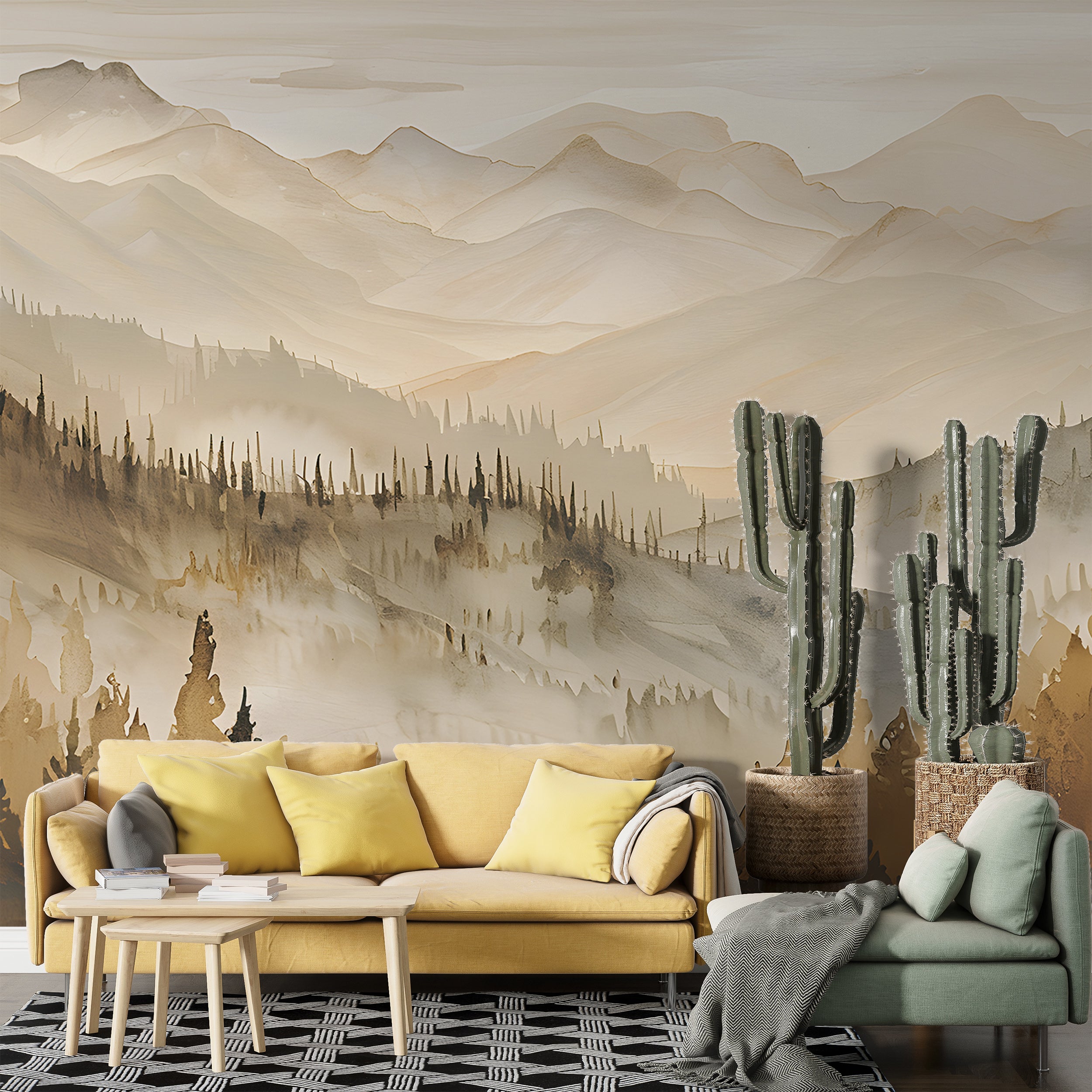 Brown and Beige Landscape Mural, Watercolor Mountains and Forest, Peel & Stick Nature Wall Decal, Removable Beige Pine Tree Forest