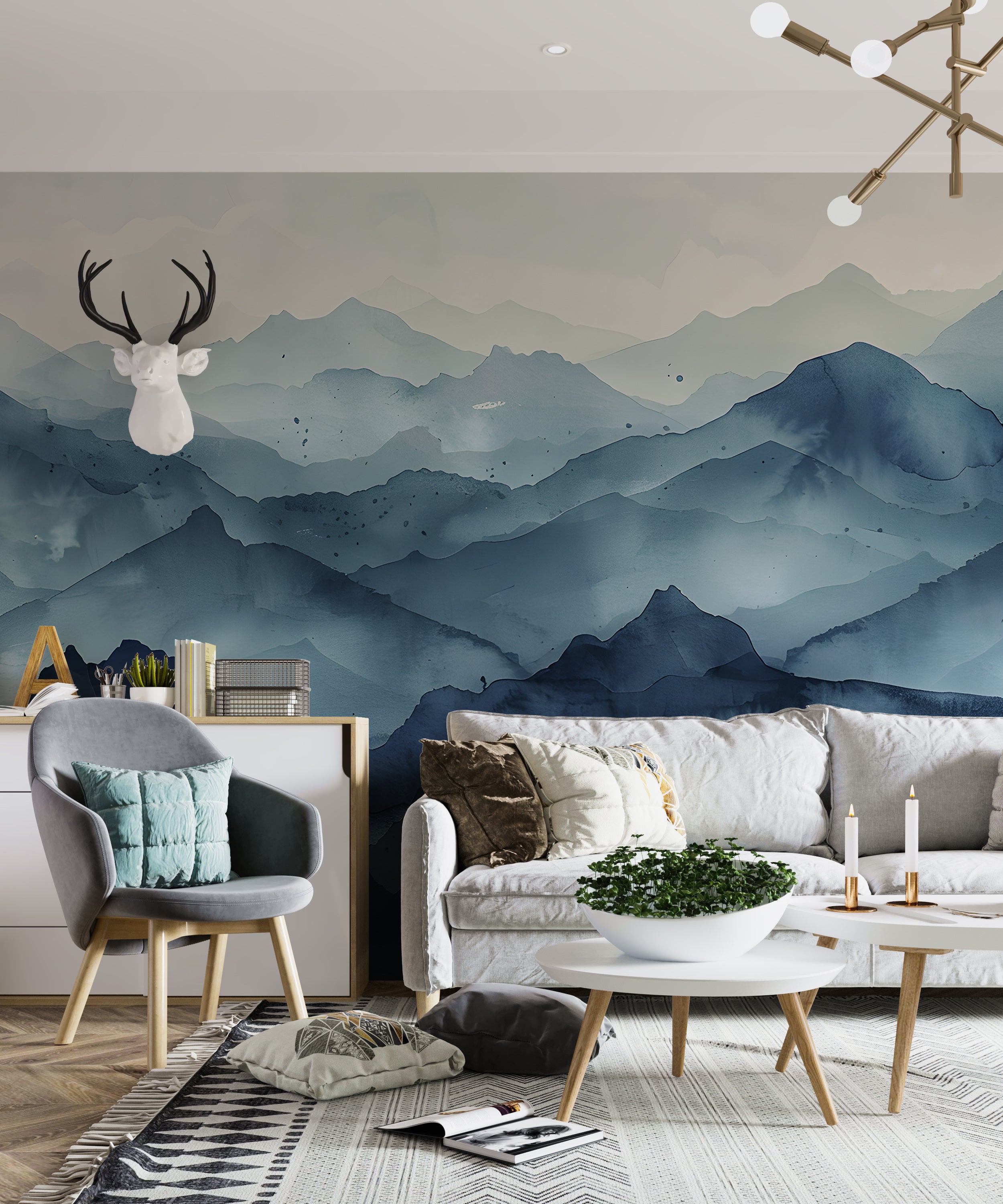 Dark Blue Mountains Mural, Watercolor Mountain Landscape Wallpaper, Peel and Stick Navy Blue Nature Art, Nursery Mountains Wall Decal