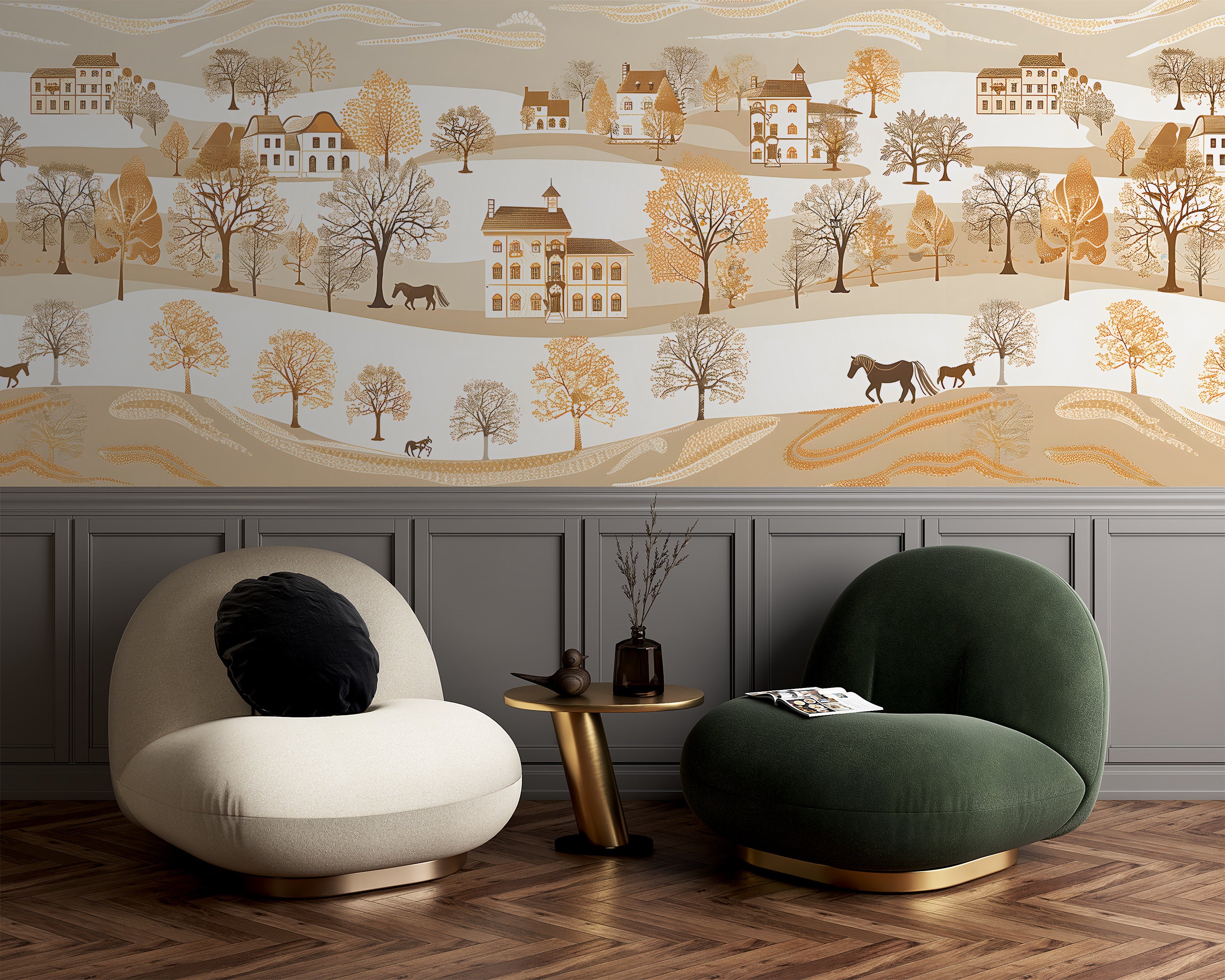 Beige Landscape with Houses and Trees Wallpaper, Seamless Horizontal Pattern Mural, Watercolor Classic Wall Art, Peel and Stick Traditional Village Mural