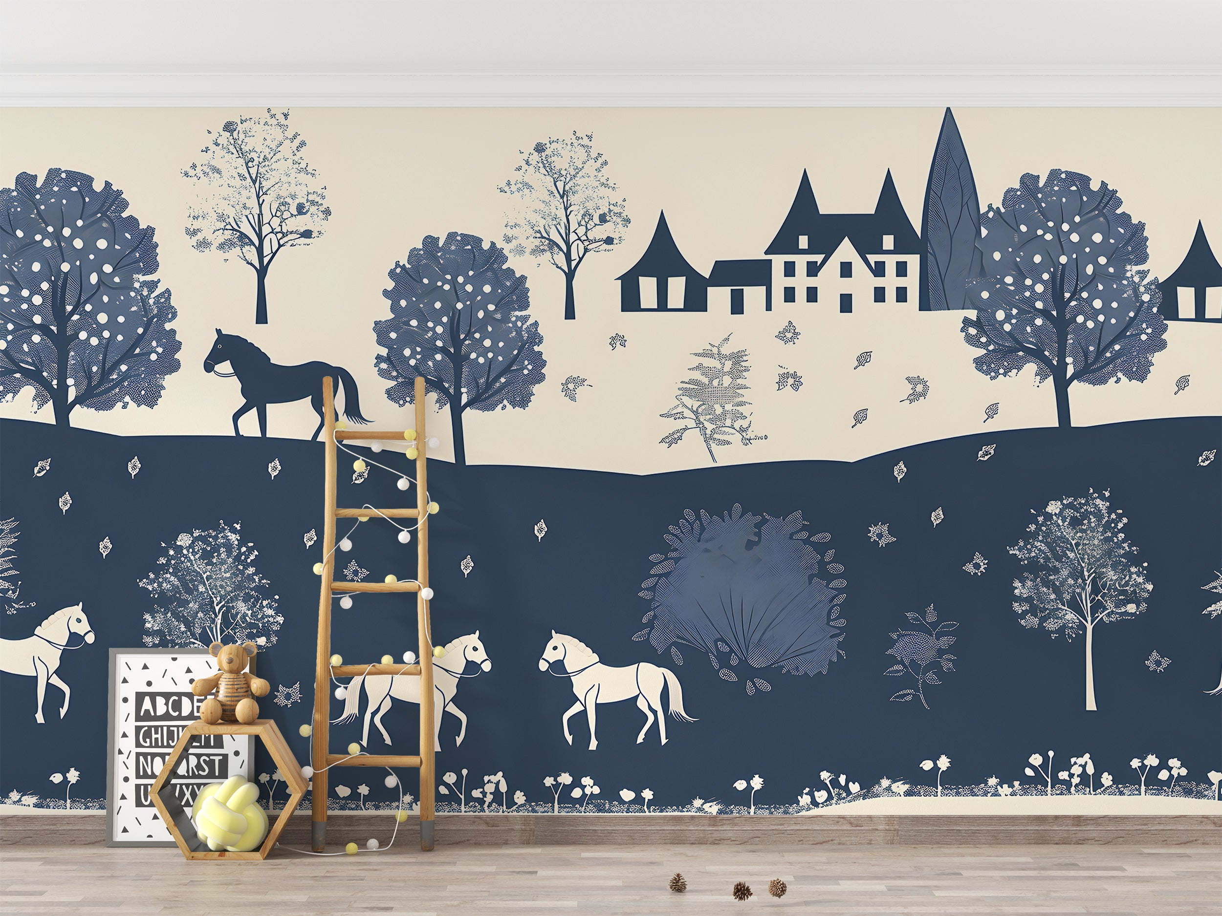 Blue and Beige Traditional Wallpaper, Watercolor Old Town Landscape Mural, Horizontal Seamless Pattern Classic Wallpaper, Peel and Stick House and Horses