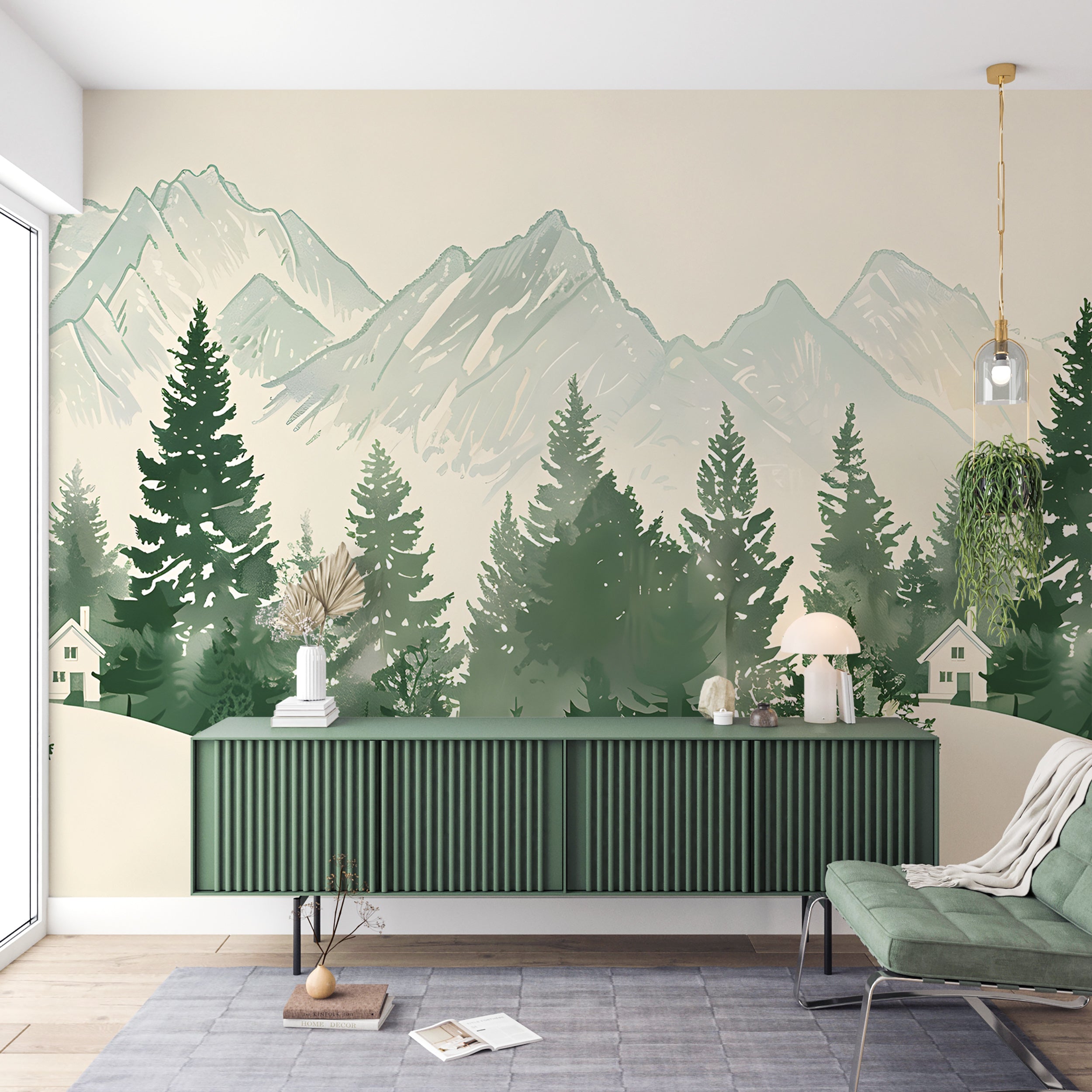 Monochrome Mountains and Forest Mural, Green and White Landscape Wallpaper, Self-adhesive Seamless Mountain Pattern, Removable Nature Decal