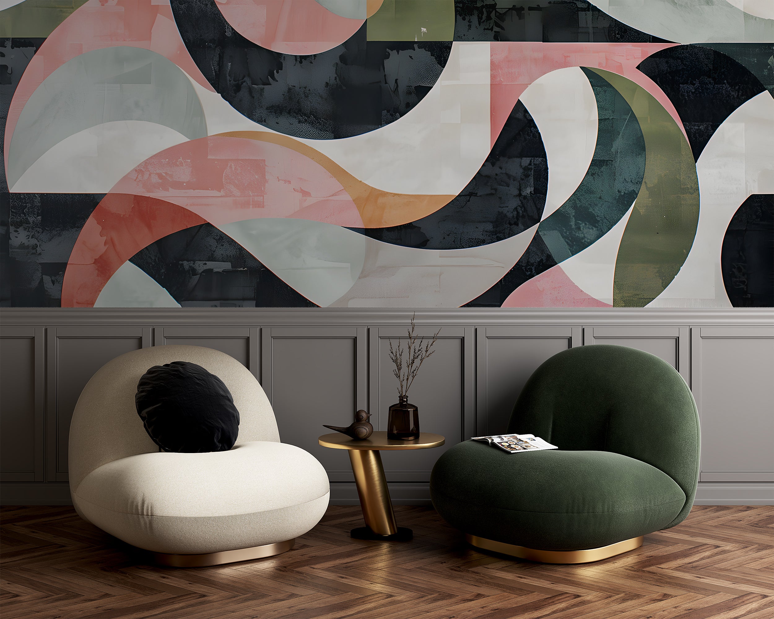 Abstract Geometric Mural, Art Deco Wallpaper, Peel and Sick Modern Mural, Colorful Watercolor Removable Wall Decal