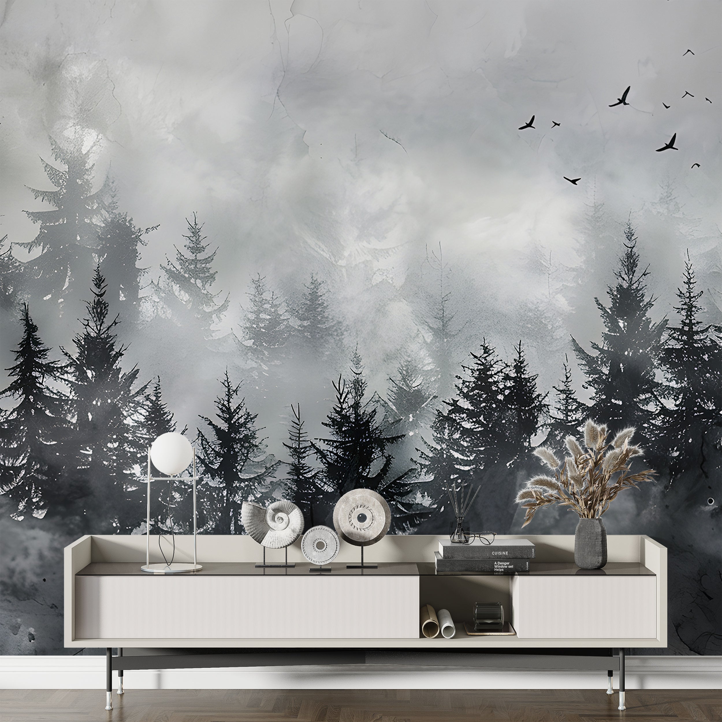 Black Foggy Forest Mural, Dark Watercolor Pine Tree Forest Wallpaper, Peel and Stick Clouds, Removable Birds and Trees Black & White