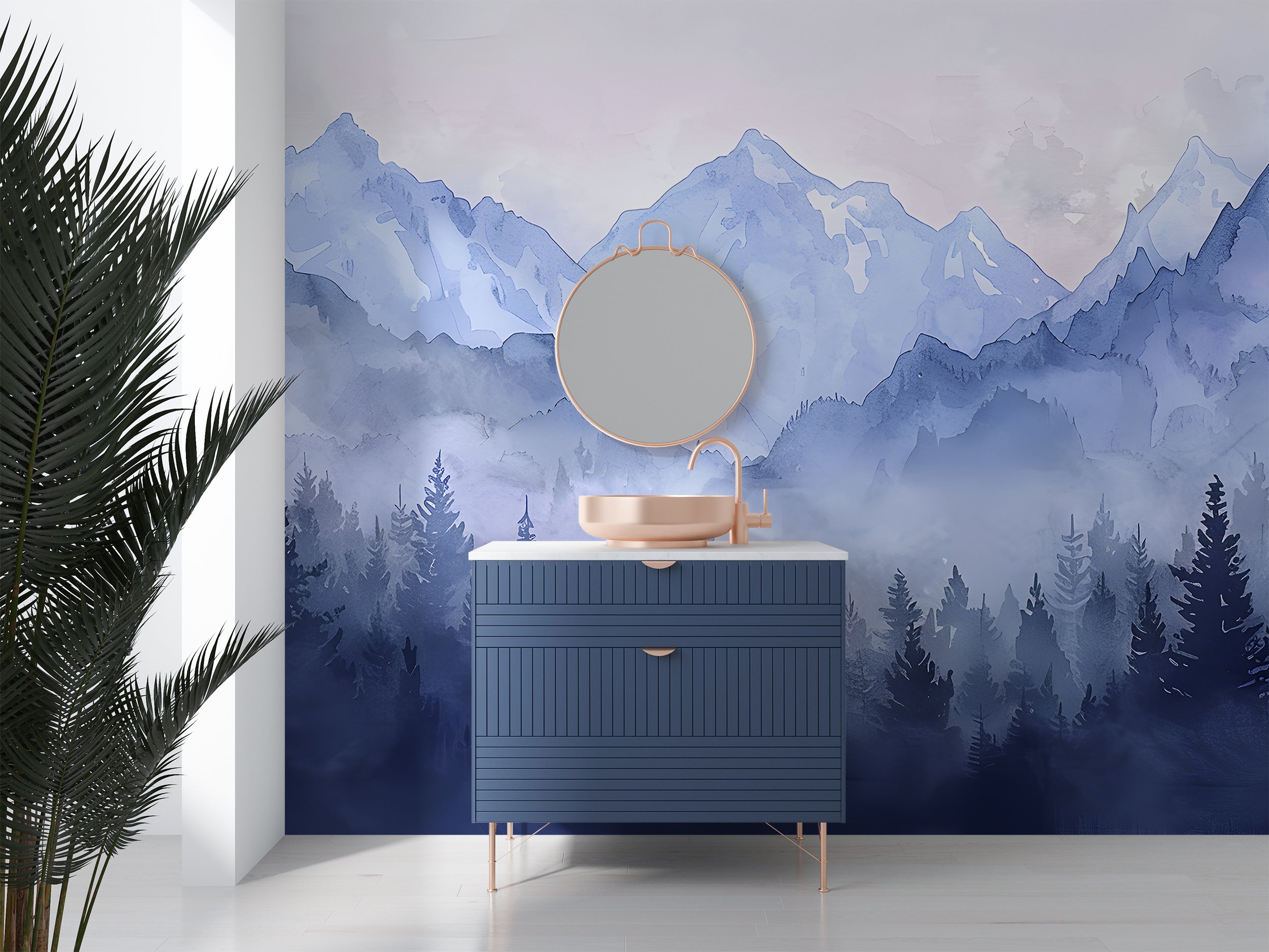 Watercolor Pastel Blue Mountains Mural, Forest and Mountain Landscape Wallpaper, Self-adhesive Removable Blue Nature Nursery Decal