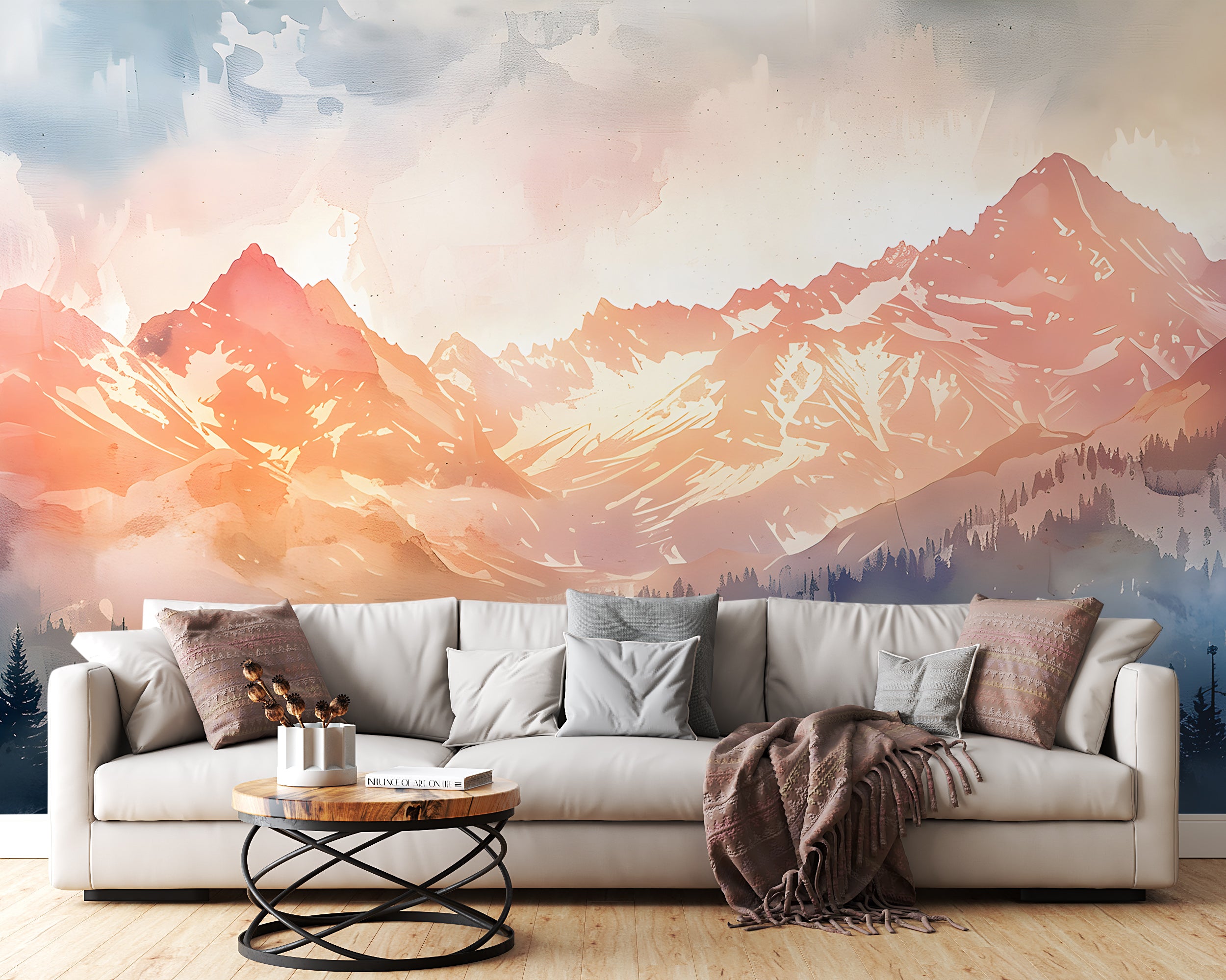 Watercolor Mountain Sunset Wallpaper, Colorful Mountains and Forest Mural, Peel and Stick Orange Landscape Nursery Decal, PVC-free