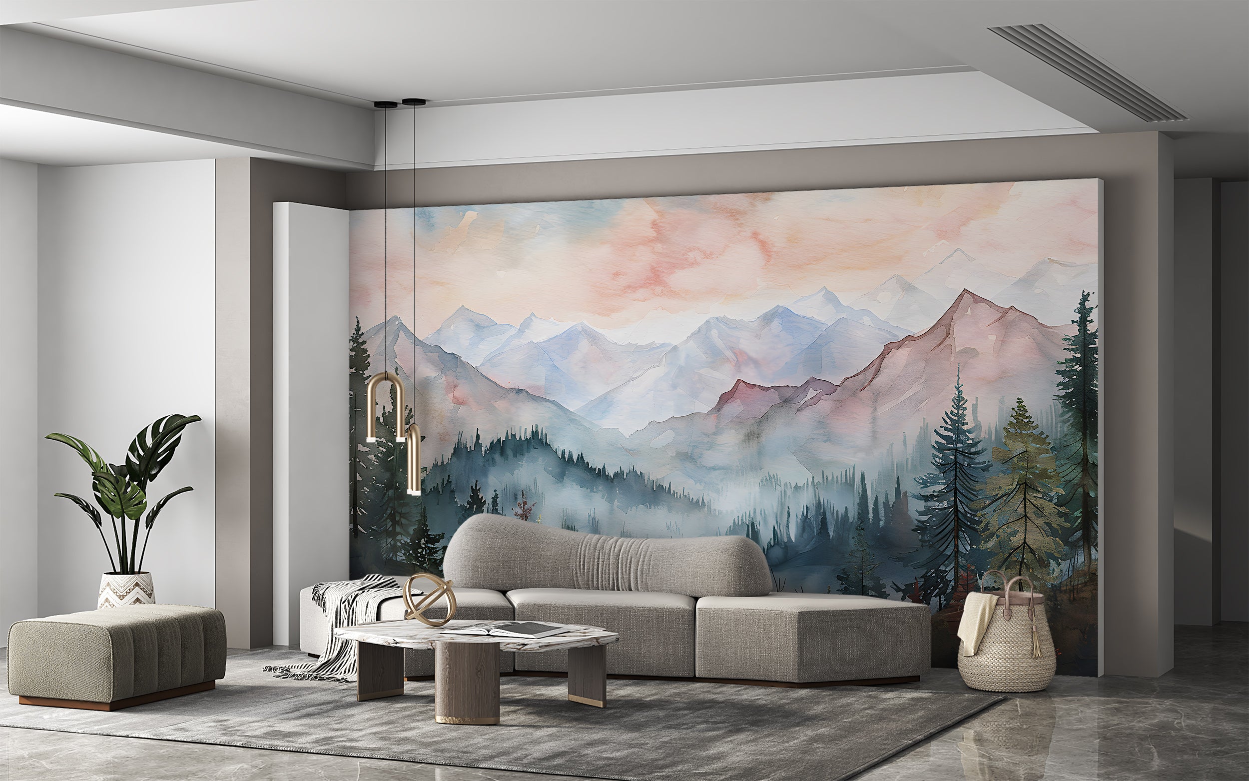 Watercolor Wild Nature Landscape Mural, Mountains and Forest Wallpaper, Peel and Stick Mountain Valley Decal, Colorful Nursery Landscape Wall Art