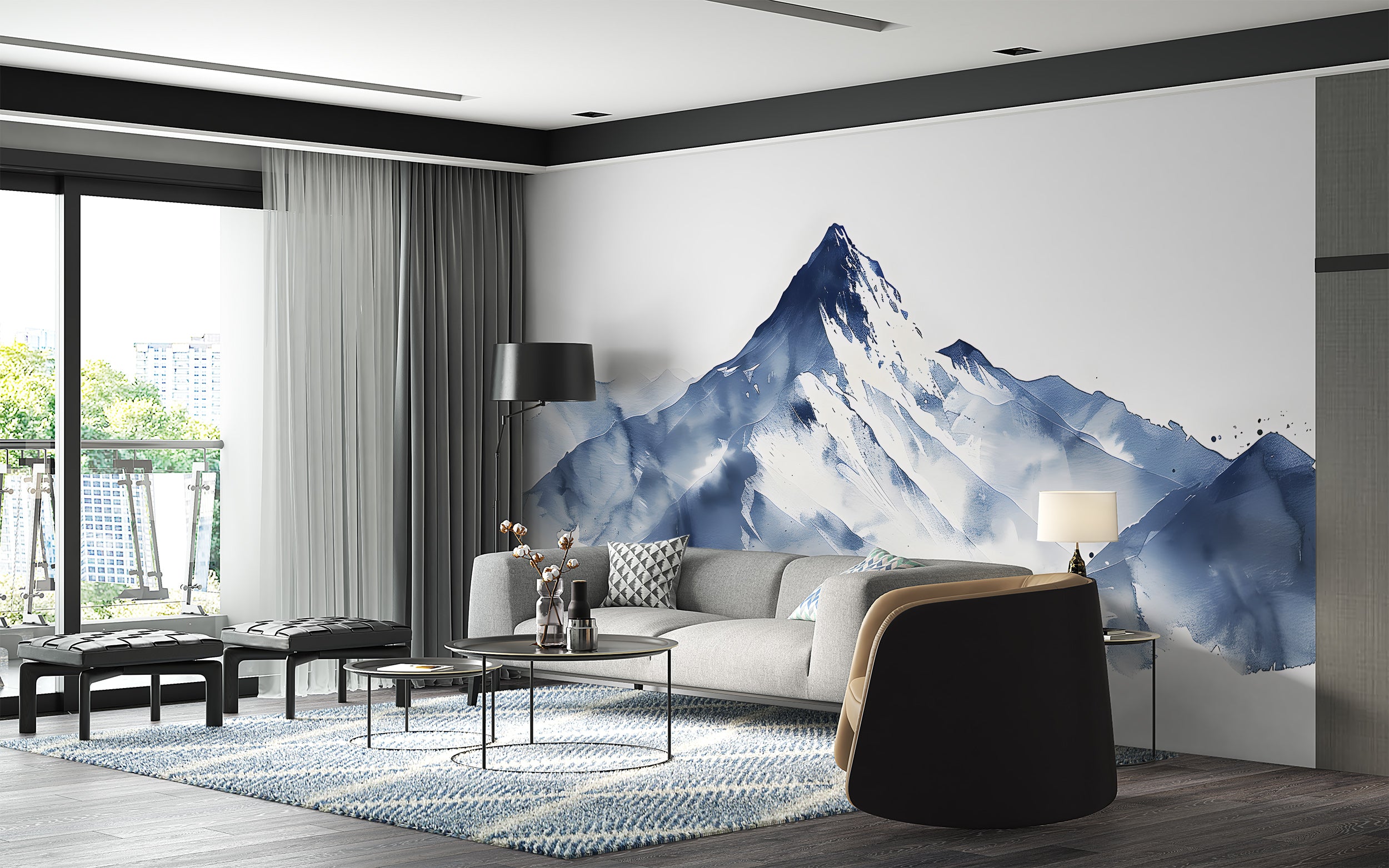Minimalistic Blue Mountain Mural, Watercolor Snowy Mountains Wallpaper, Cartoon Style Peel and Stick Mountain, Removable Blue and White Landscape