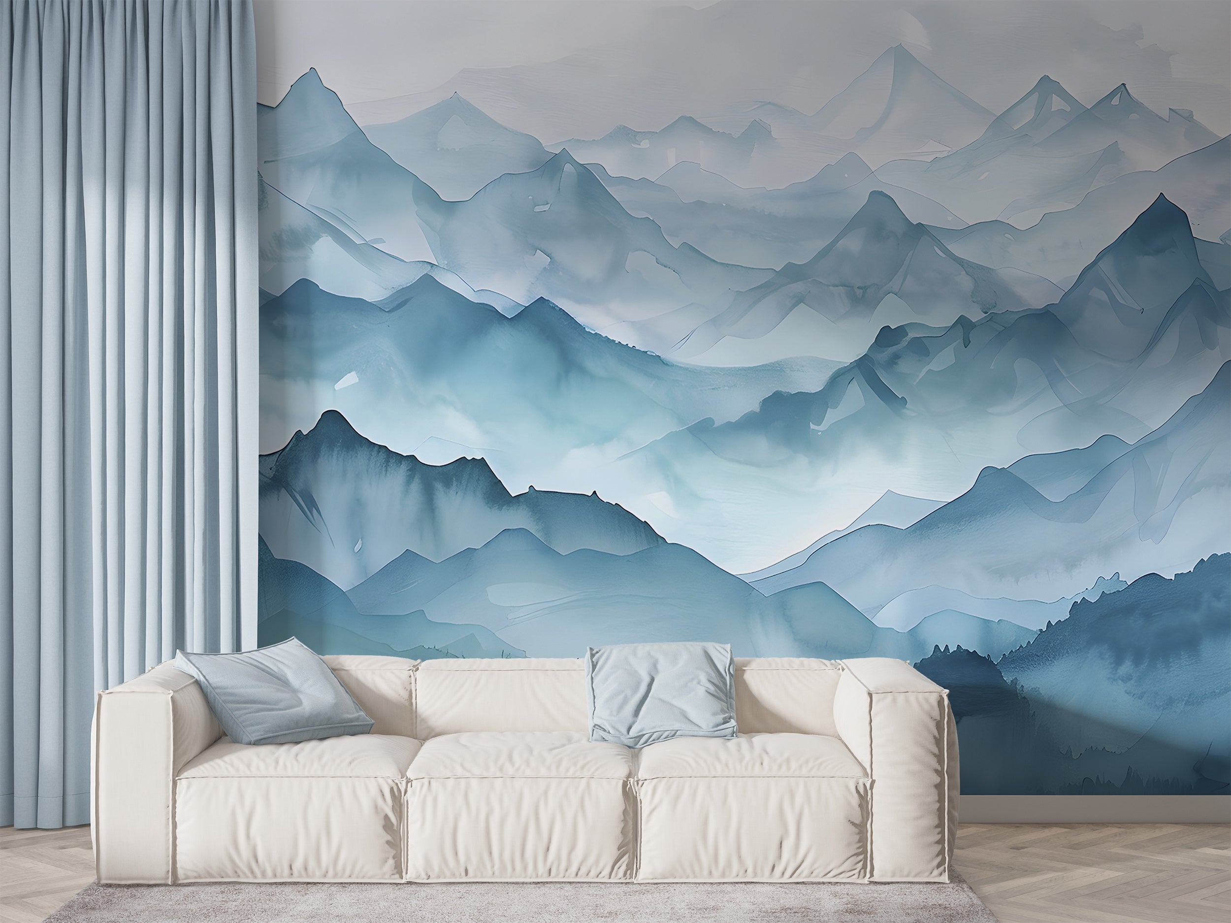 Abstract Blue Mountains Mural, Peel and Stick Foggy Mountain Wallpaper, Watercolor Misty Landscape Art, Nursery Blue Nature Decal